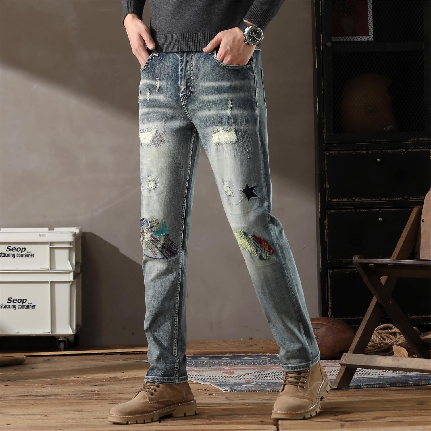 Men's Hip Hop Ripped Straight Distressed Embroidery Ripped Denim Slim Fit Straight Leg Biker Jeans - Image 2