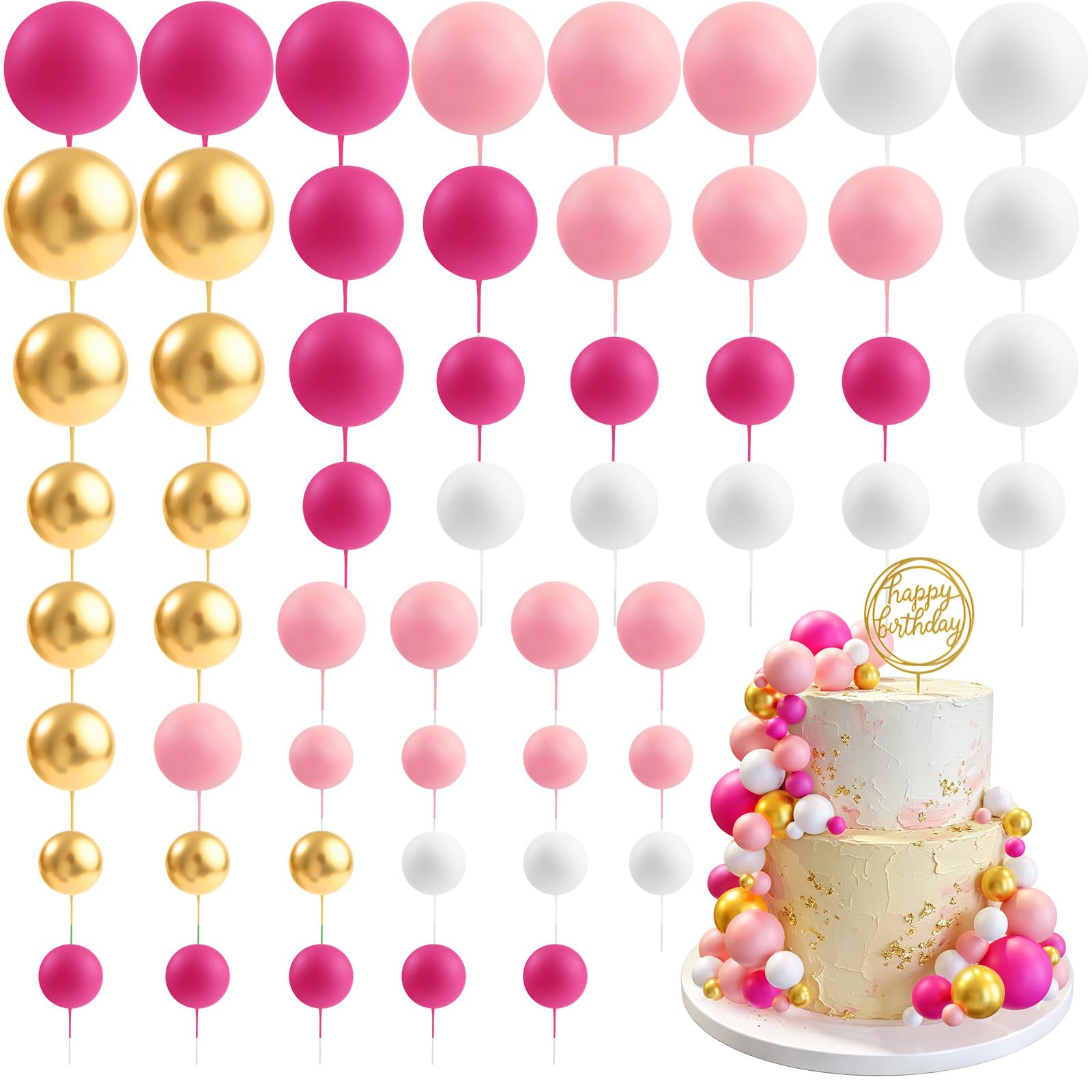 CHRORINE 55 Pcs Balls Cake Topper Decorations Mini Balloon Cupcake Toppers Foam Balls for Cake Decorating Birthday Parties Weddings Anniversary Baby Shower (Pink White Gold)