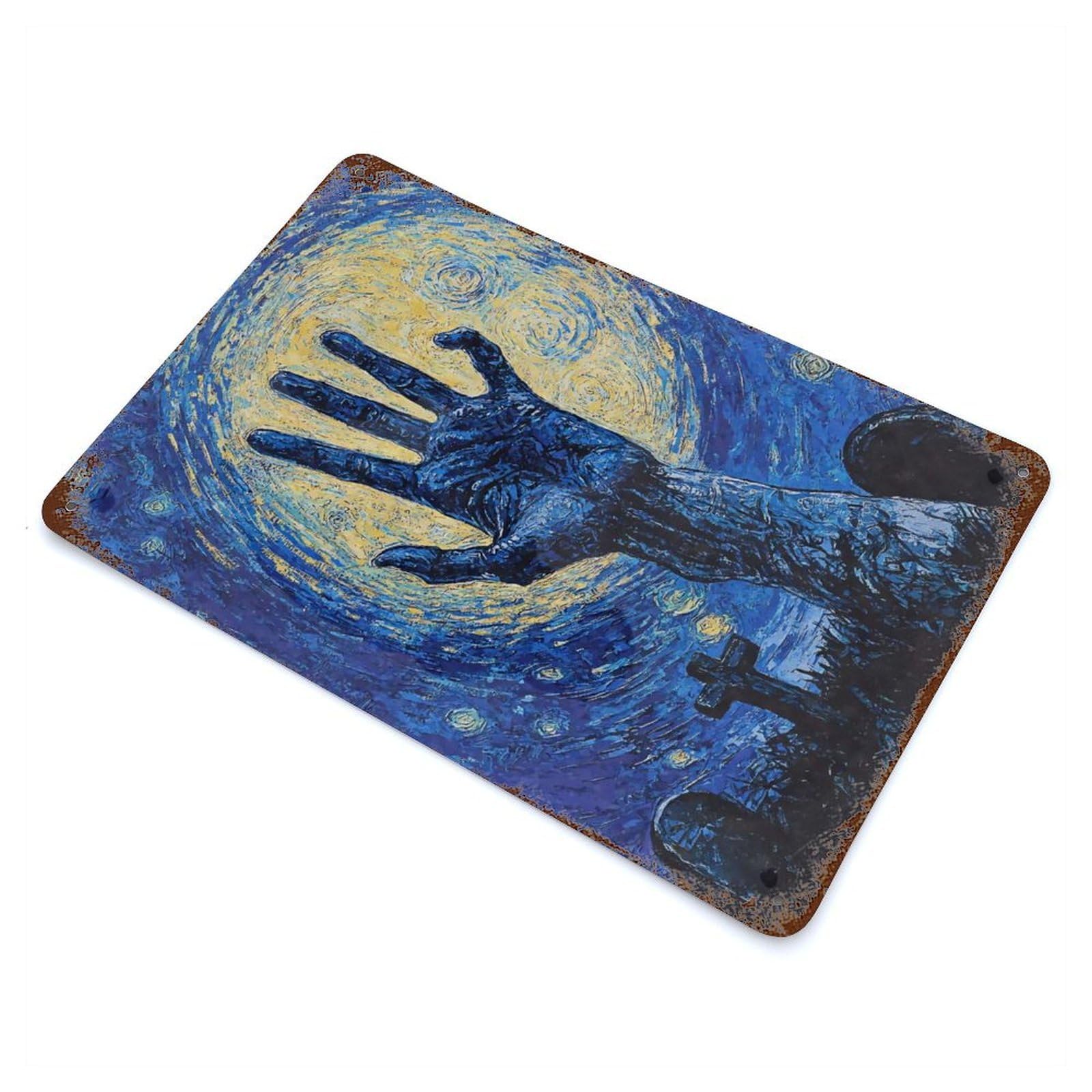 Distressed Metal Wall Sign Starry Night Hand Graveyard 11.8"x7.9", Vintage Wall Decor for Garage, Bar And Workshop Decor