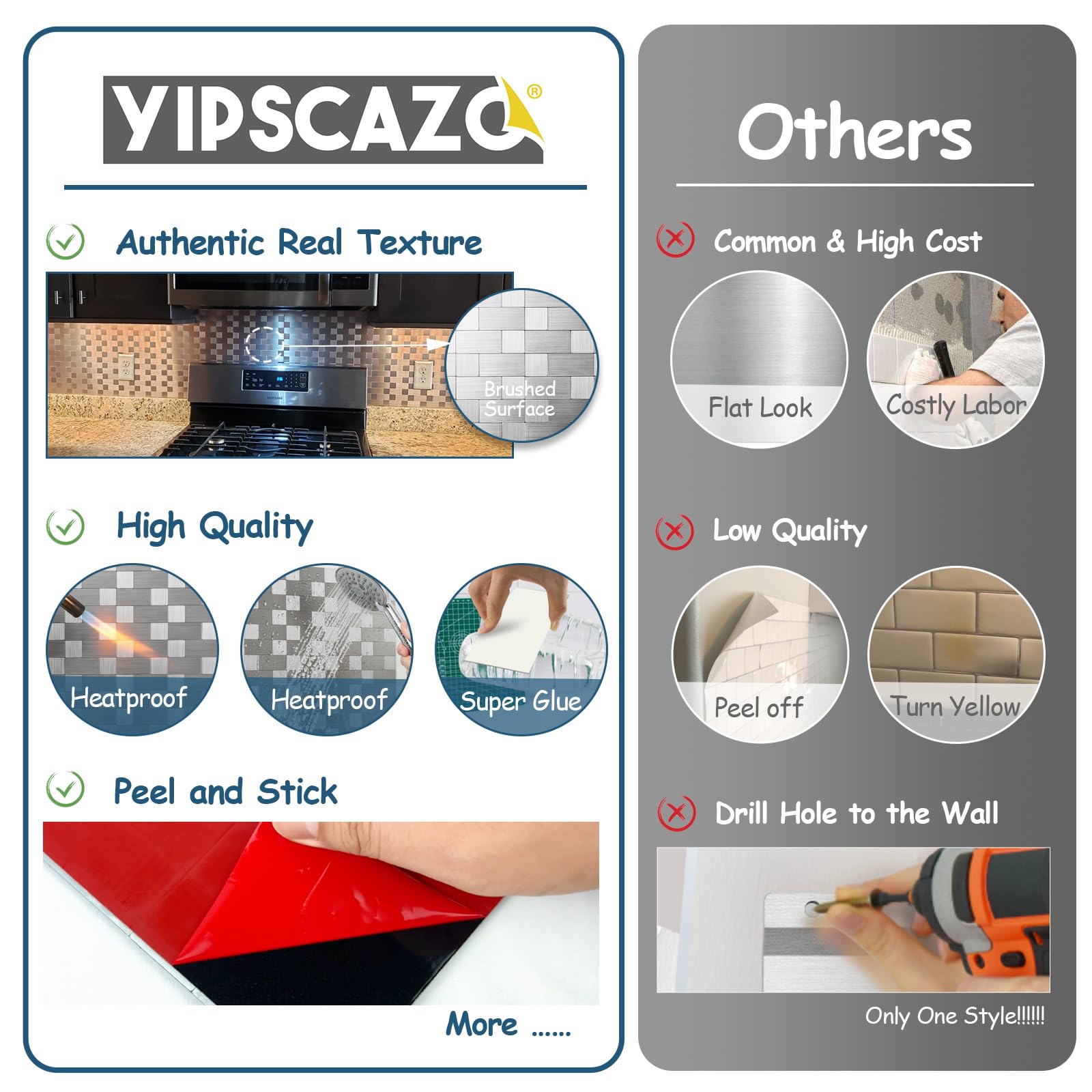 Yipscazo 20 hojas de acero inoxidable para despegar y pegar para cocina, azulejos inteligentes de metal de 12 x 12 pulgadas para paredes de baño y lavandería