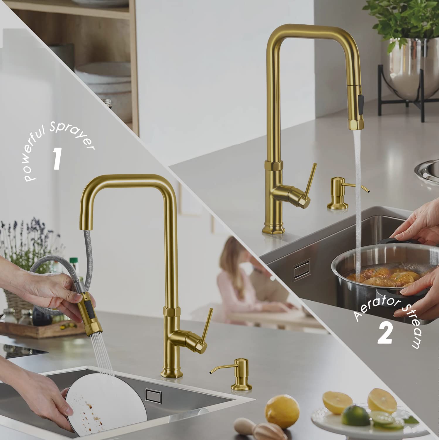 Rubinetti da cucina in oro spazzolato con spruzzatore estraibile e distributore di sapone, rubinetto da cucina estraibile in ottone massiccio a maniglia singola e dispenser di sapone in acciaio