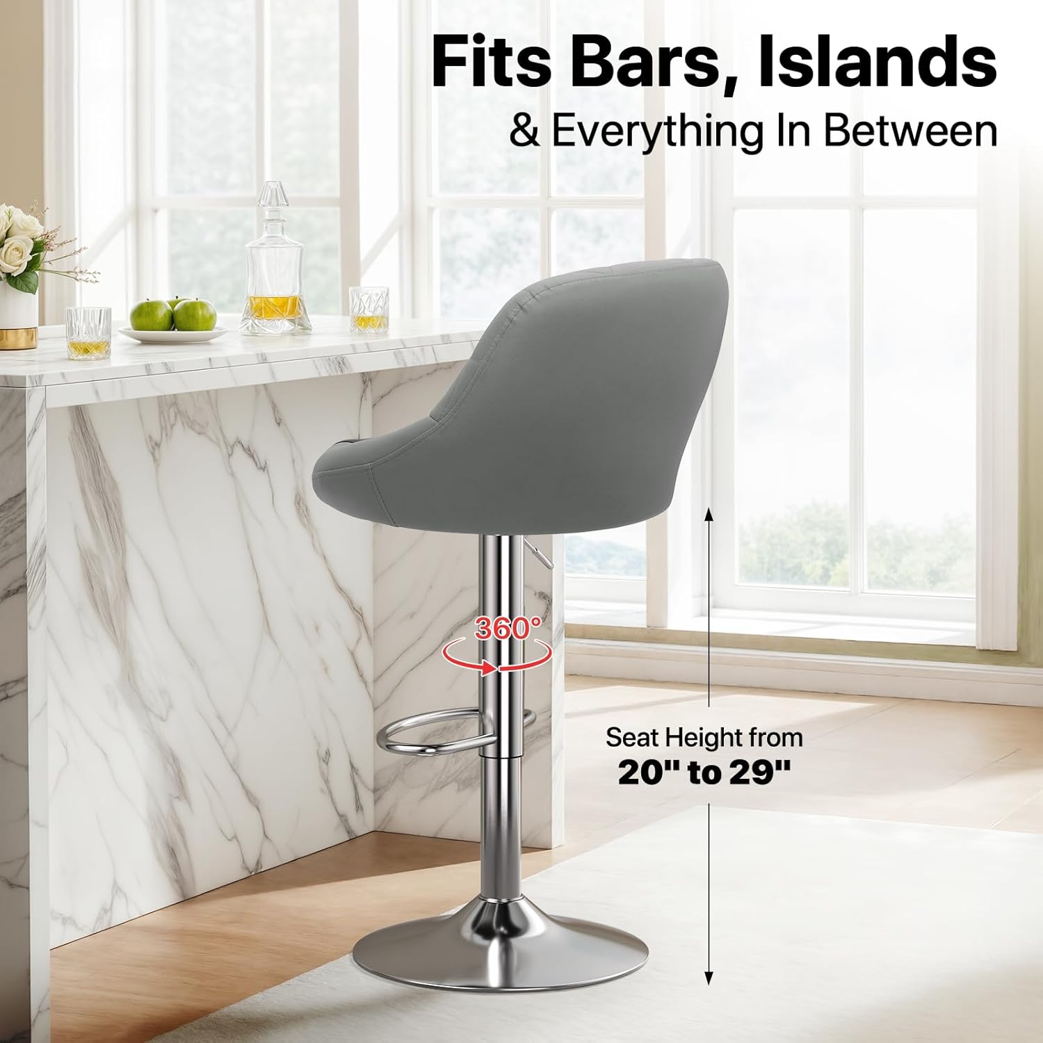 MoNiBloom Barstools Set of 2 Adjustable Swivel, Modern PU Leather Kitchen Counter Bar Stools, 360° Swivel Armless Hydraulic Counter Stool, Metal Base Island Stool, Grey and Black