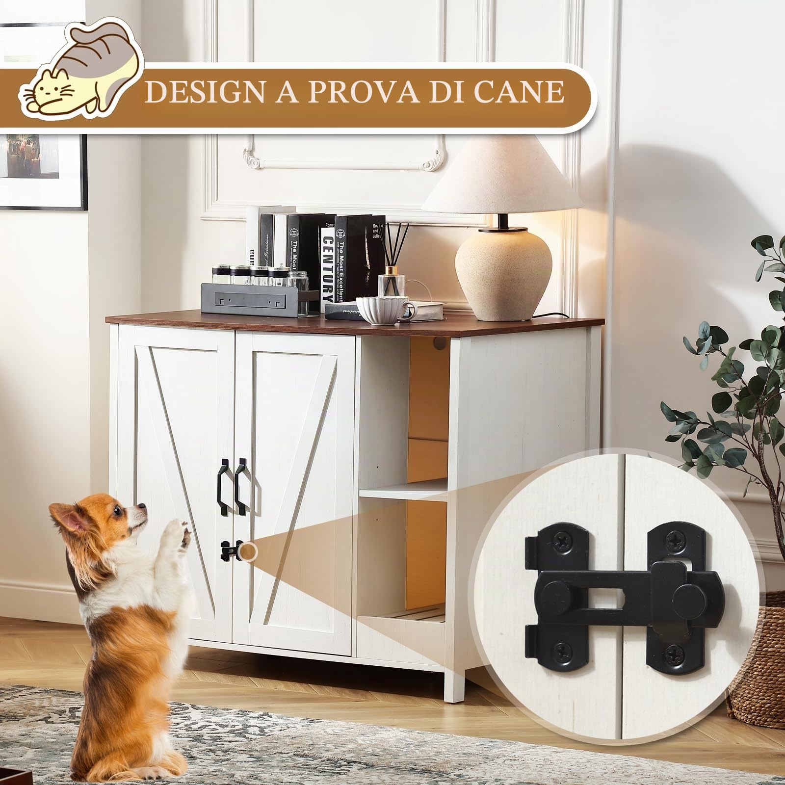 FOREST GRAVITY Cat Cabinet Litter Box Furniture Mobiletto per gatti lettiere Grande lettiera per gatti Arredamento moderno 105 * 68 * 89 cm Casa con porta e divisorio separato Bianco