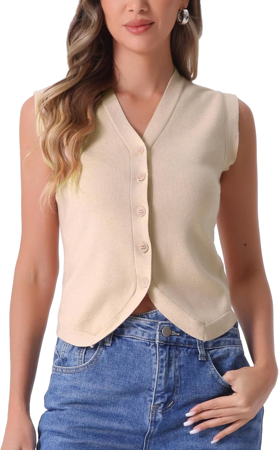 Allegra K Vest Tops for Women Sleeveless Sweater V Neck Cropped Button