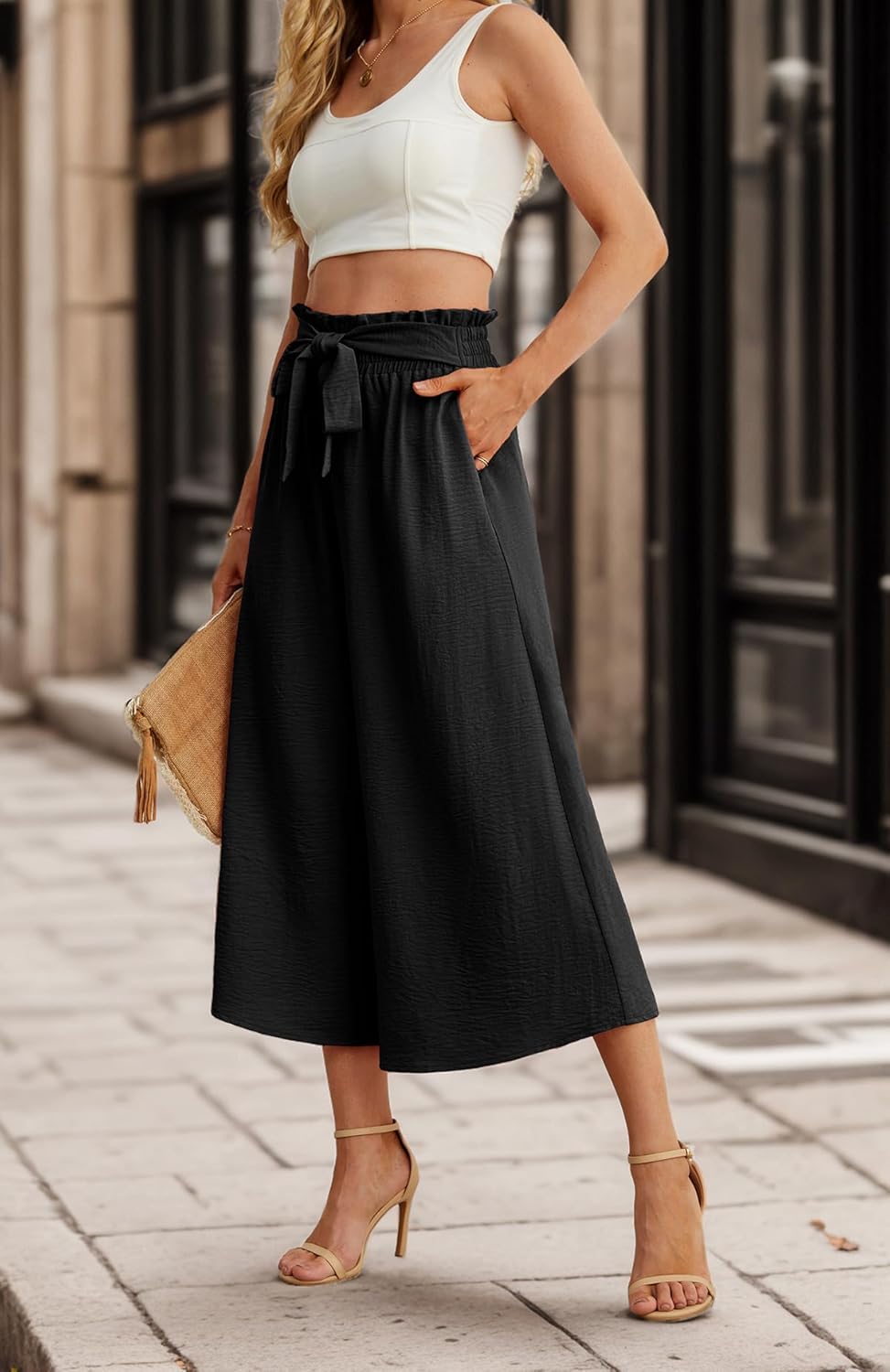 IWOLLENCE Women Flowy Loose Wide Leg Pant Summer Beach Casual Trousers high Waist Adjustable Knot Business Work Casual Pants - Image 2