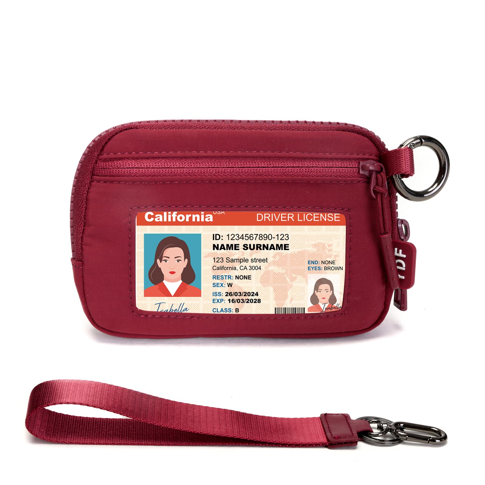 YDF The Iris Wallet for Women Mini Zip Card Case with Clear ID Window Zipper Coin Purse Lightweight Portable Keychain Wallet, Burgundy, Product Dimensions: 5.5 x 4.1 x 0.6 inches, Compact and Stylish