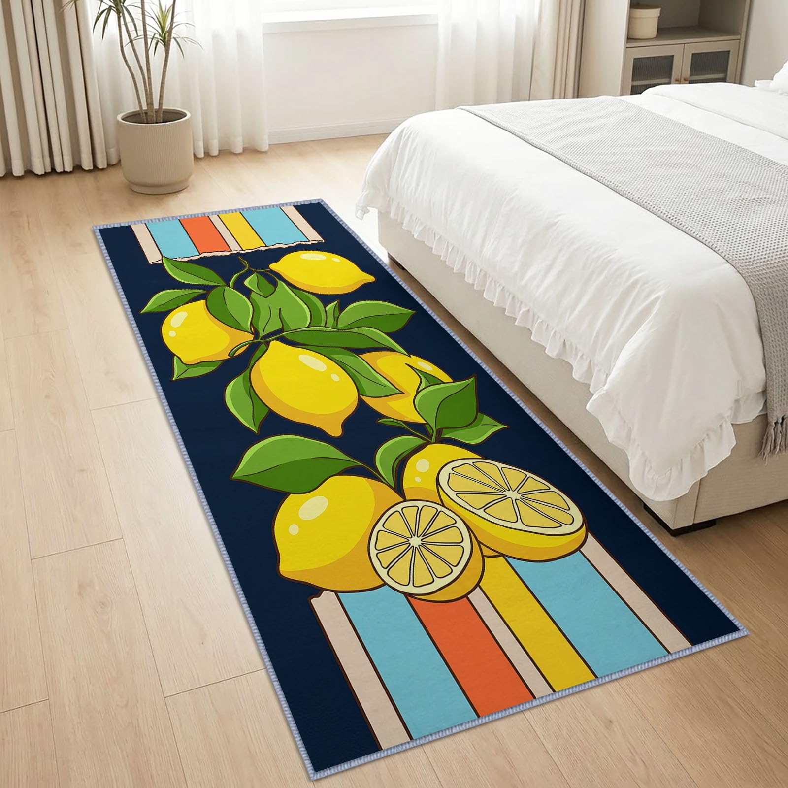 Tappeto con piante rustiche, frutti, limone, foglie verdi, 80 x 200 cm