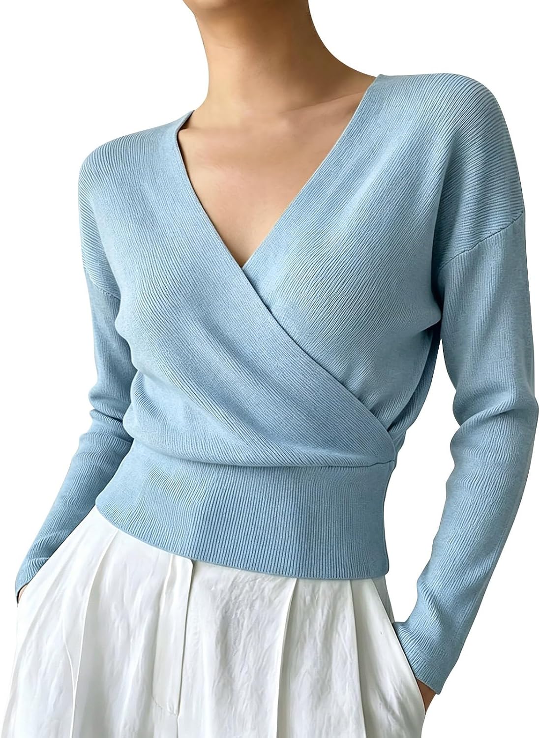 Women Cross Wrap V Neck Sweater,Long Sleeve Ribbed Slim Fit Pullover | Flattering empire waist, crisscross detail, stylish silhouette for autumn casual matching