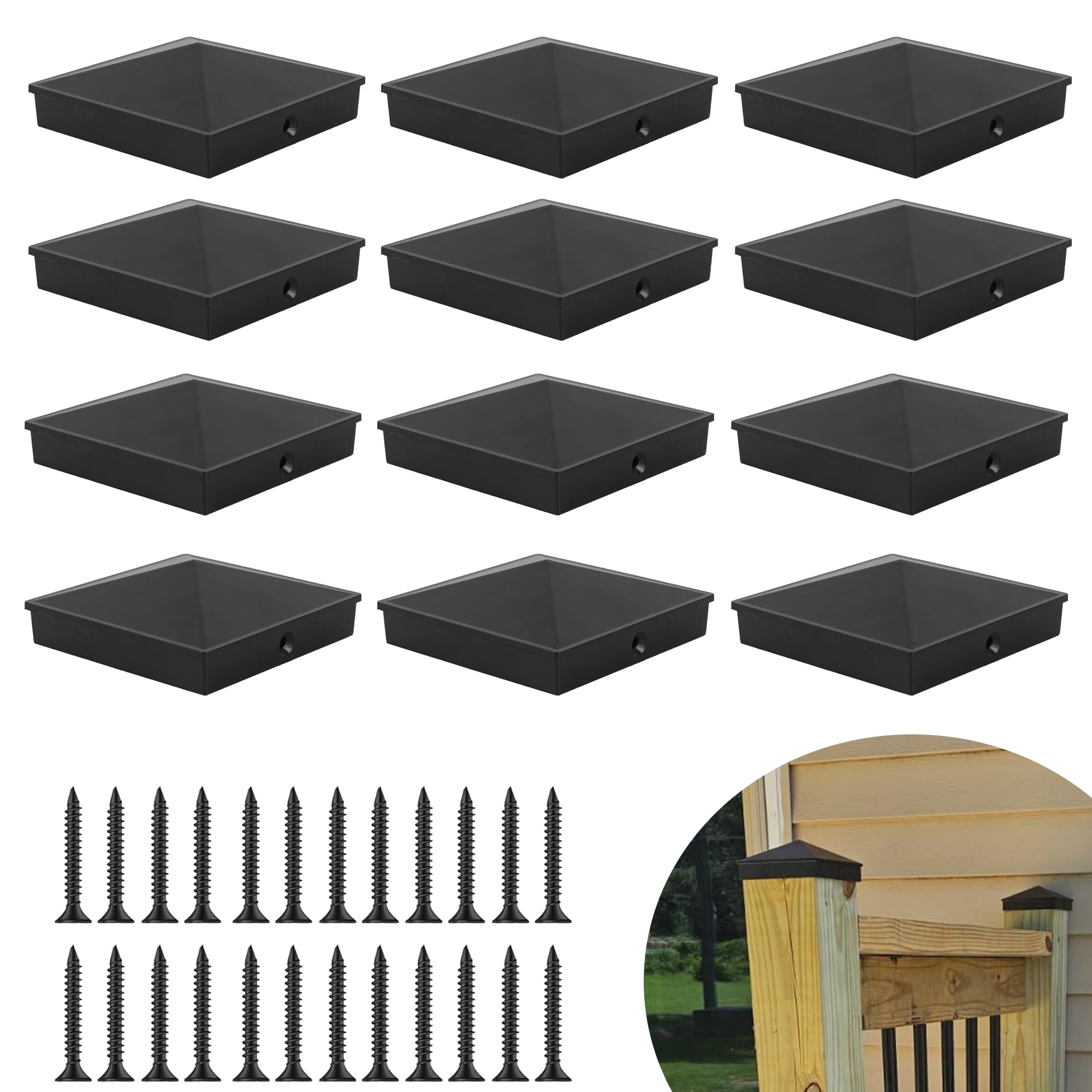 Photo 1 of Aussio (12-Pack, Black) True I.D. 4x4 Inch Aluminum Pyramid Fence Post Caps with Screws, Wooden Fence Cover Deck Posts Cap with Matte Finish Powder Coated Surface - NOT for Actual 3.5"x3.5" Wood Post