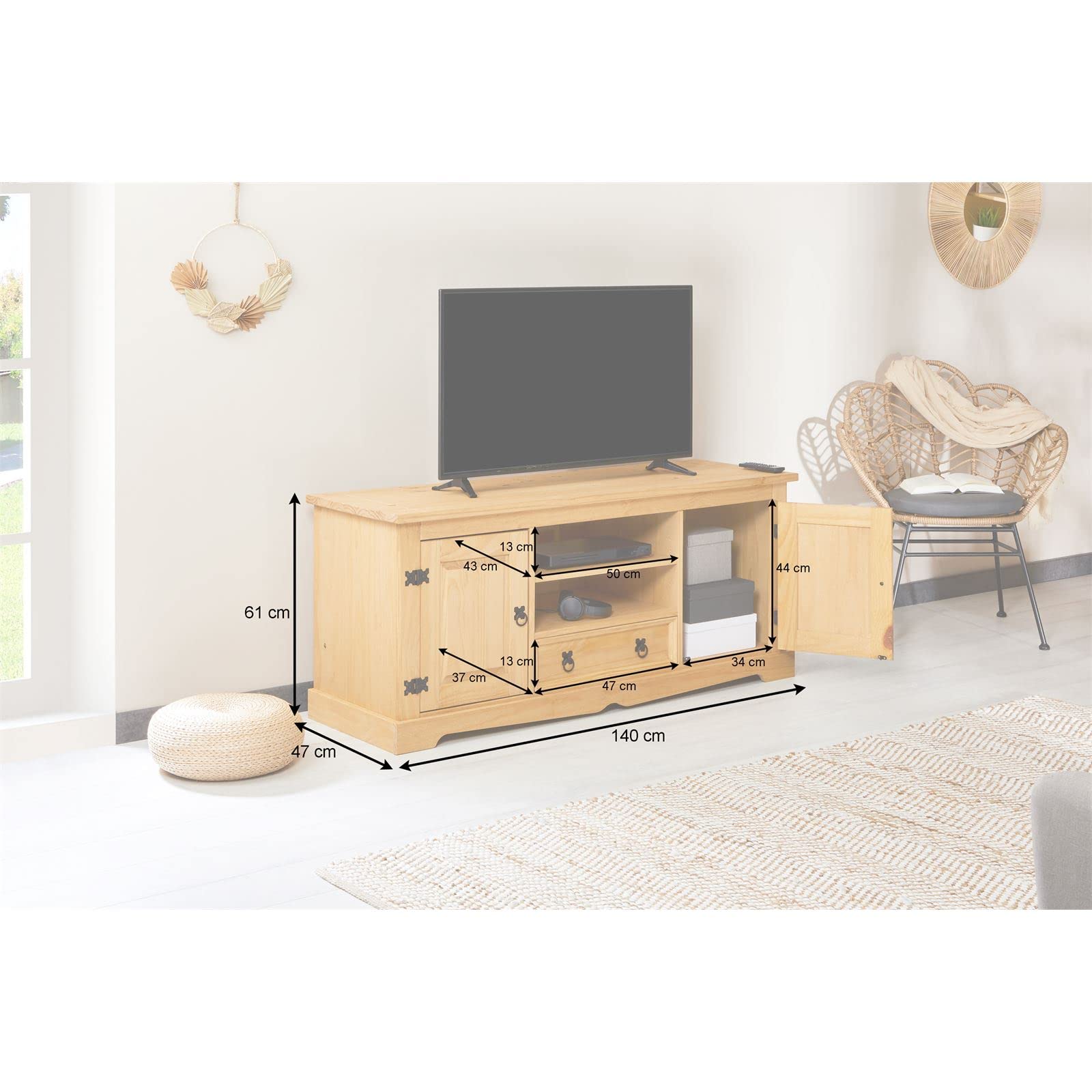 Meuble Tele Meuble TV PIN CAMPO Blanc/Brun - 85x78x43cm - Style Mexicain -  2 Portes + 1 Niche Meuble IDIMEX Campo, image size:1600x1600