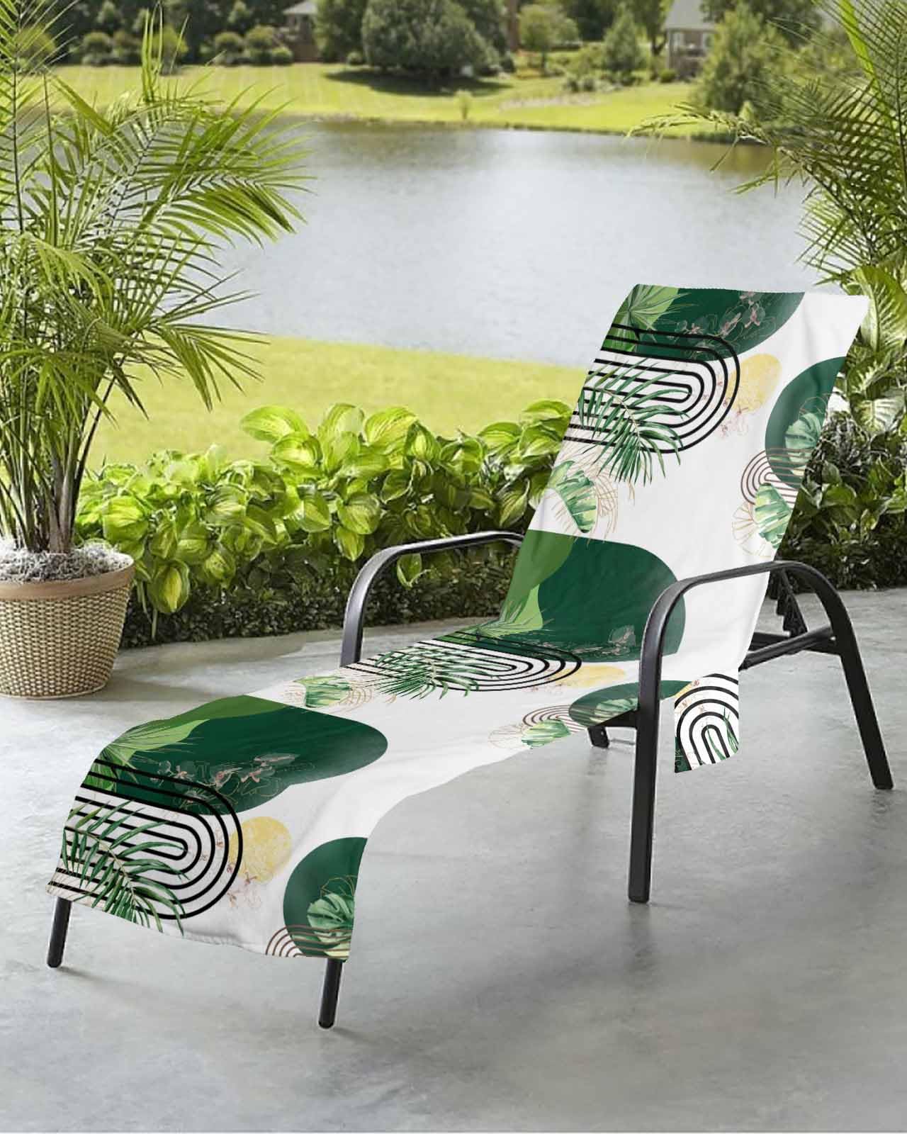 Boho Green Leaves Beach Chair Towel Covers for Chaise Lounge with Side Pocket, Soft Plush Pool Towels Cover for Patio Sunbathing Outdoor 29''x85'' Tropical Palm Leaf Sun Modern White