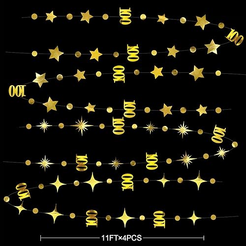 Miniatura 2 de Decoraciones doradas de cumpleaños número 100, guirnalda de estrellas centelleantes con el número 100 de círculos, banderines colgantes para mujeres