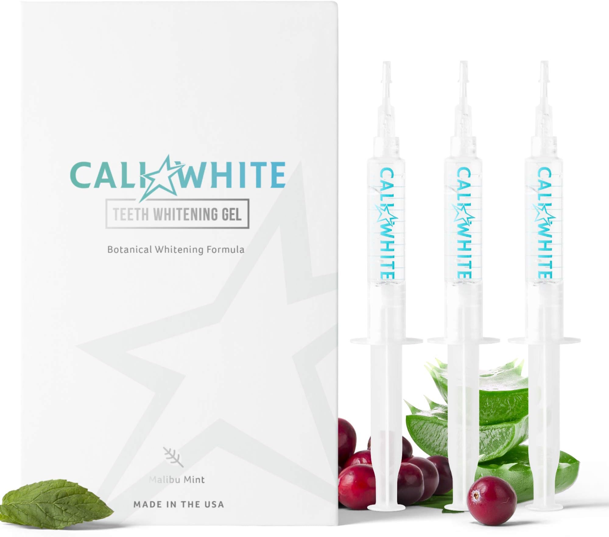 Cali White Natural Teeth Whitening Gel Refills, Zero Peroxide, Botanical Formula, Vegan, Organic Whitener for Sensitive Smile, Gels Made in USA, 3X 5mL Syringes, Use with UV or LED Light & Trays