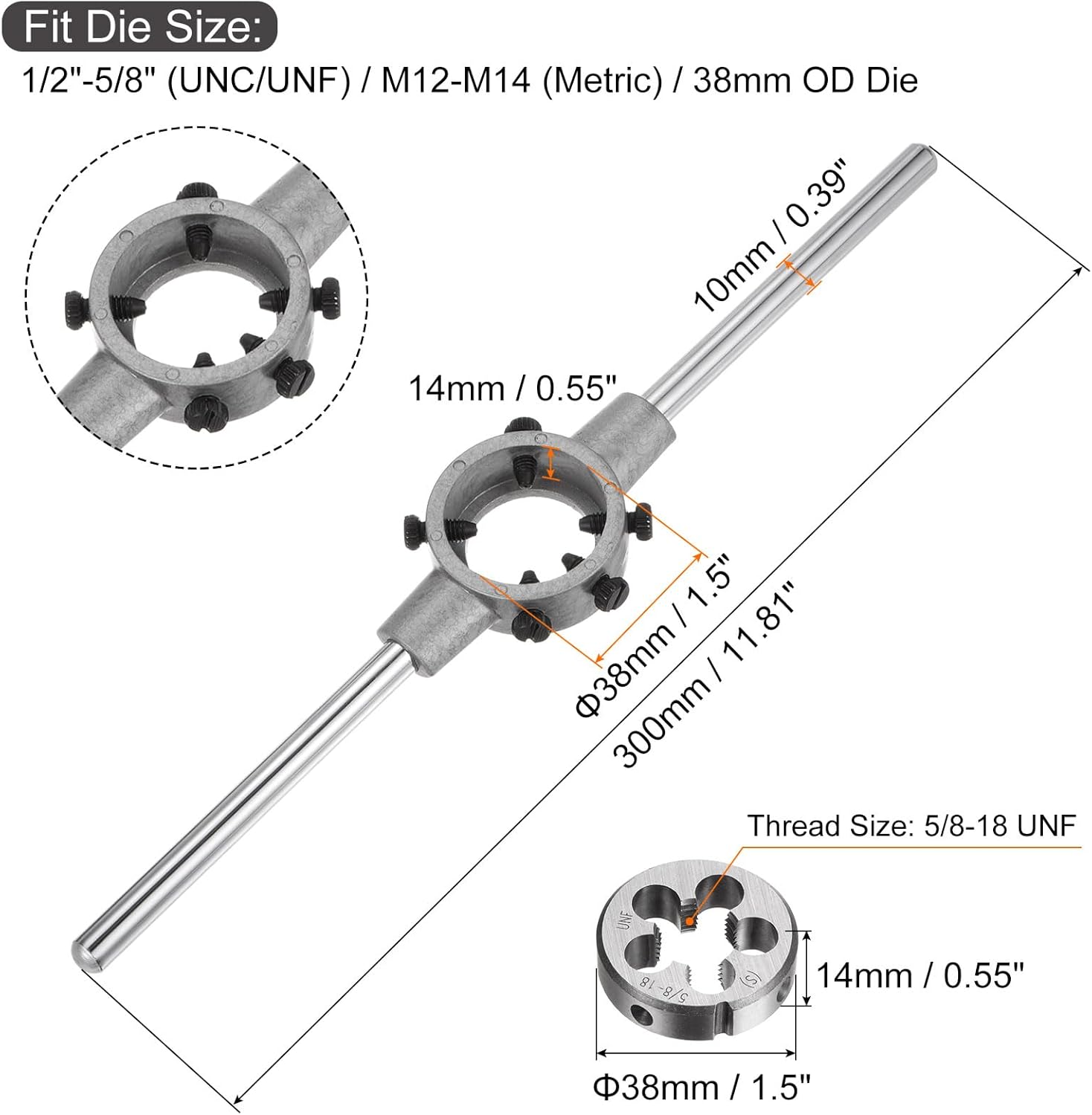 uxcell Die Stock Handle Wrench Set, 5/8-18 UNF Round Die and 38mm Die Holder (Fits 1/2"-5/8" (UNC/UNF) / Metric M12-M14 / 38mm OD Dies) for Bolt Thread Repair