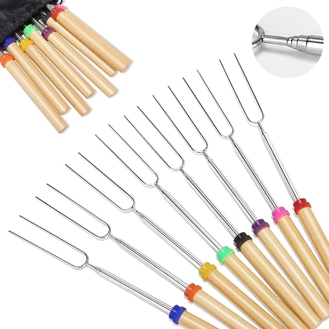 Micacorn Marshmallow Roasting Sticks Stainless Steel Forks Extendable to 32 Inch with Wooden Handle 8pcs Telescoping Smores Skewers for Camping Campfire BBQ Party Picnic Meal Buffet