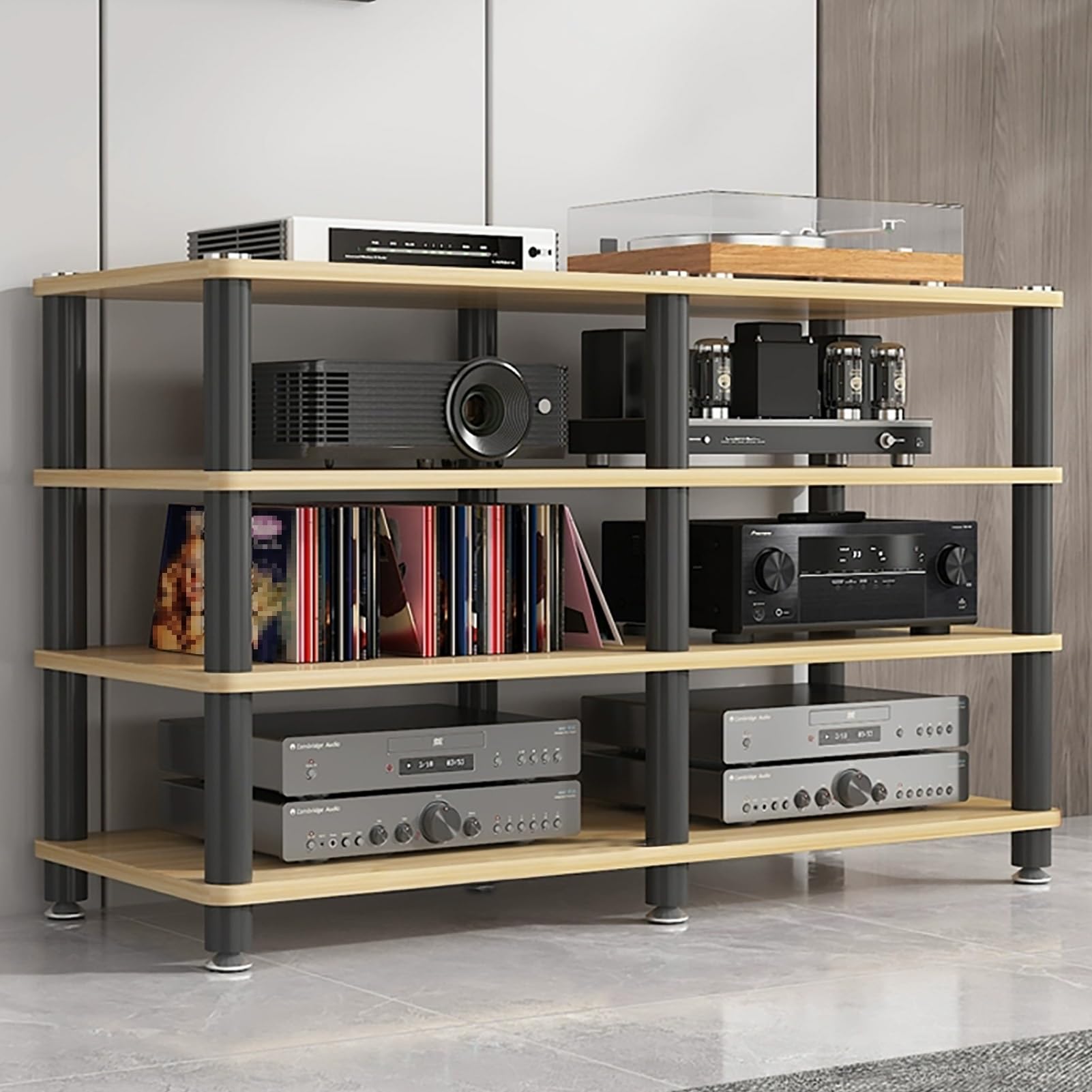 Meuble stéréo ouverte hifi au style naturel pour harmoniser votre salon de musique