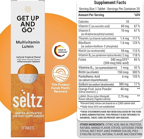Miniatura 8 de Seltz Get Up and Go - Multivitamínico efervescente con luteína para energía diaria, salud ocular y apoyo antioxidante, sabor tropical, 20 tabletas