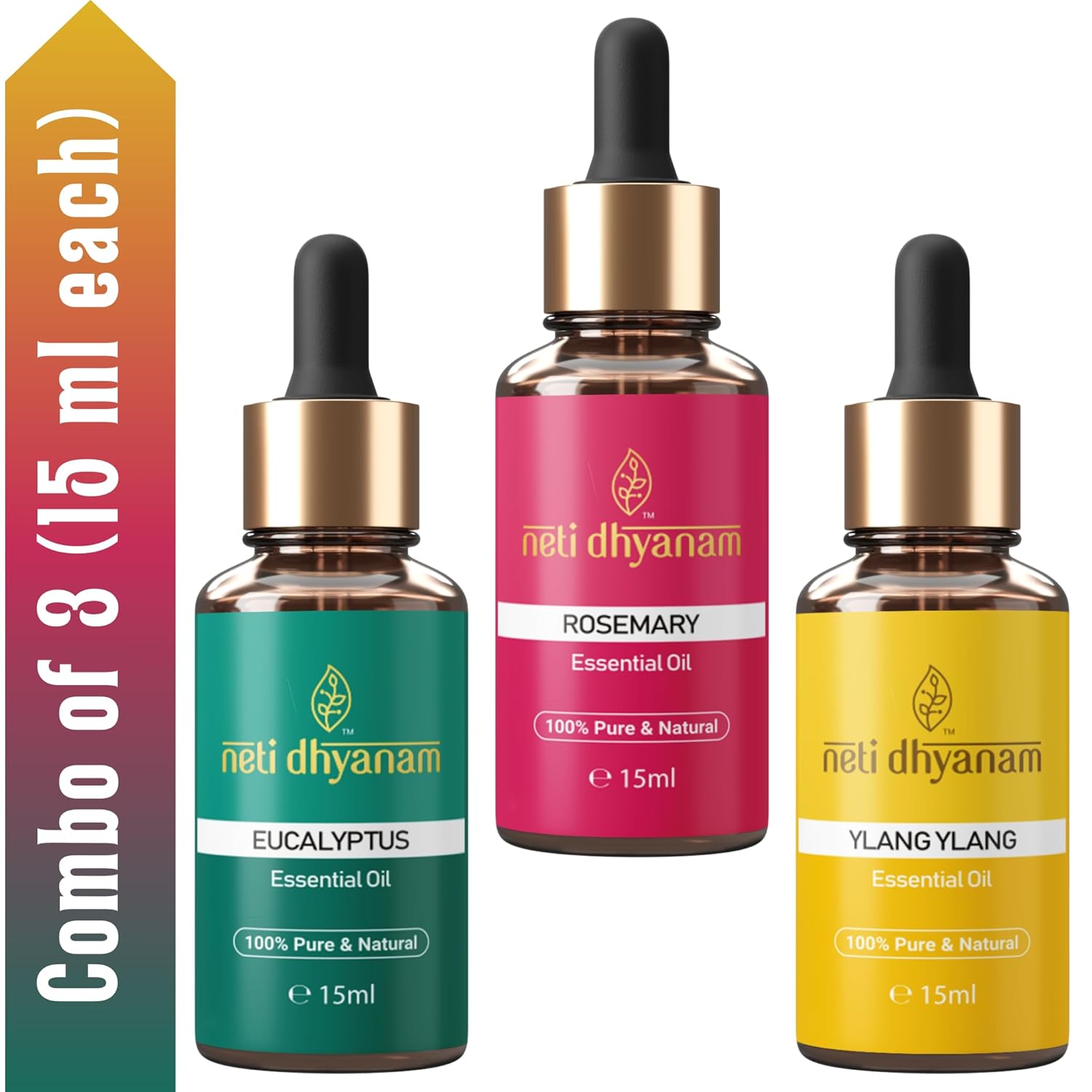 Neti Dhyanam Eucalyptus, Rosemary and Ilang Ilang Essential Oil | Rejuvenated, ideal for meditation and upliftment. Each pack 15ml (pack of 3) Neti Dhyanam Eucalyptus, Rosemary and Ilang Ilang Essential Oil | Rejuvenated, ideal for meditation and upliftment. Each pack 15ml (pack of 3)