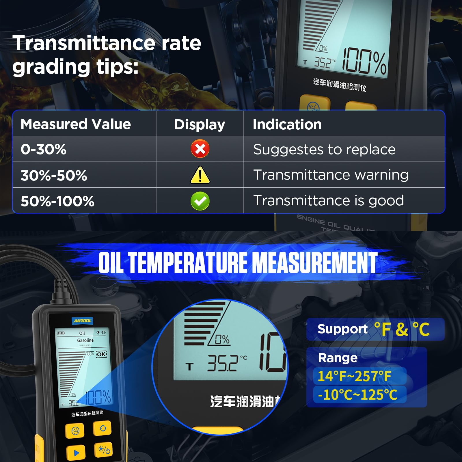 AUTOOL Tester per Olio Motore, Kit per la Qualità dell'olio Motore a Benzina e Diesel, Test Rapido di Trasmittanza e Temperatura, Engine Oil Tester con Sonda Flessibile da 31,5 Pollici (AS503)