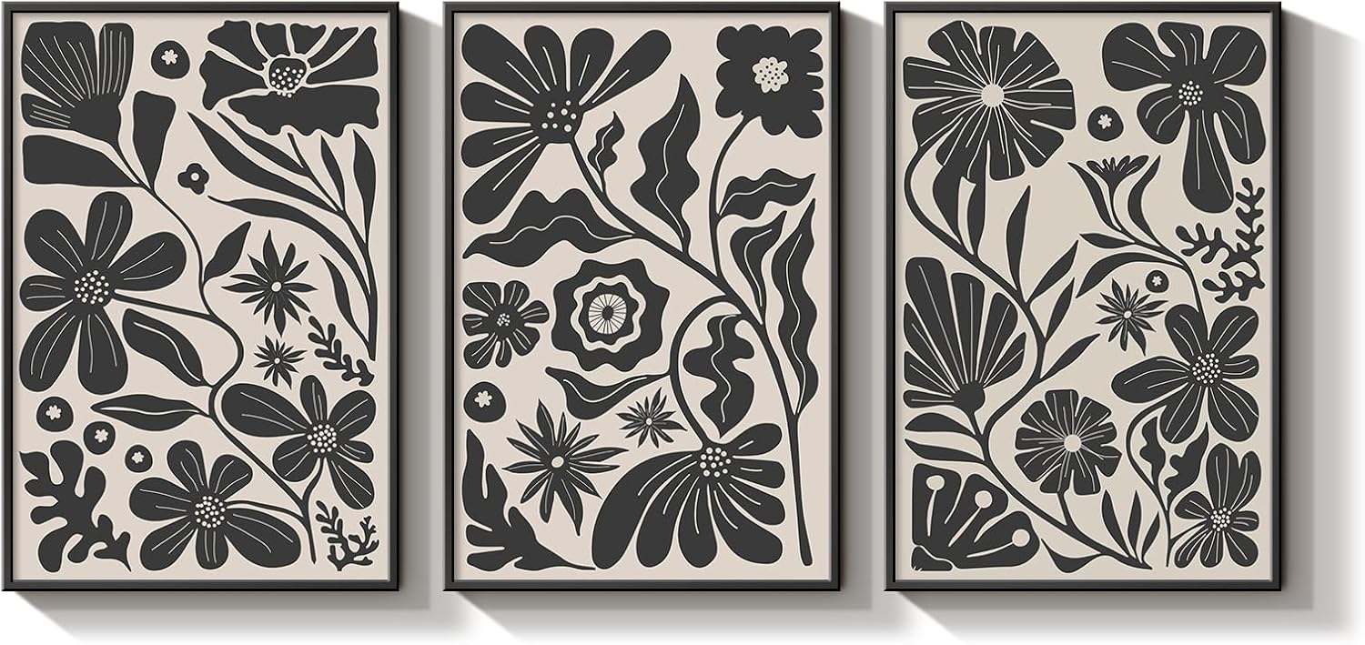 InSimSea Large Vintage Metal Framed Wall Art, Boho Flower Canvas Print William Morris Wall Art for Living Room, Black and White Botanical Paintings Set of 3, Abstract Floral Home Decor, Bedroom Decor ?Flourish? 24L" x 16W"
