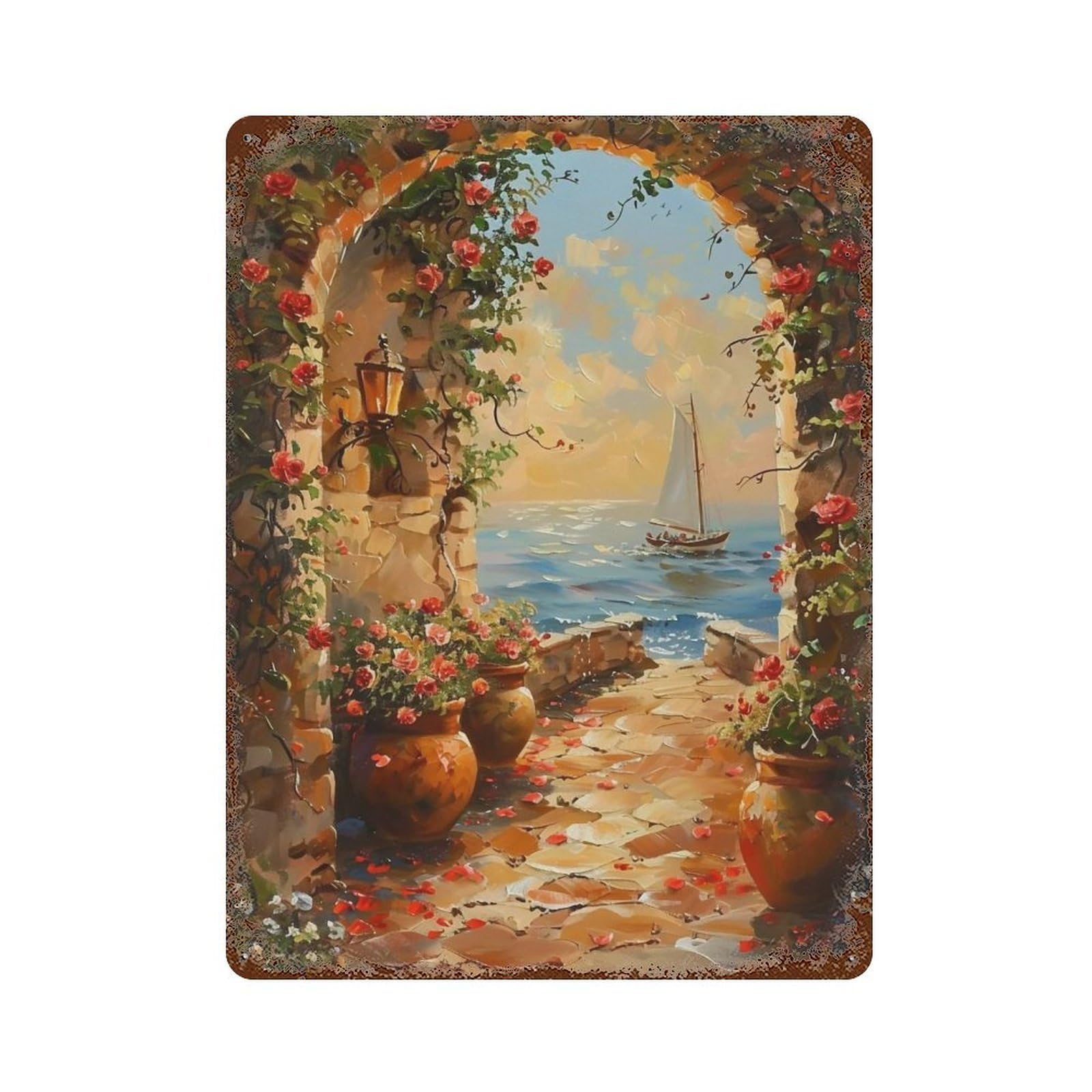 Hduryeyryy Multicolour Mediterranean Rose Path 03 Wall Retro Iron Vintage Art Metal Tin Sign Poster Modern Home Cofffee Club Art Bar Shop Decor 40X30cm