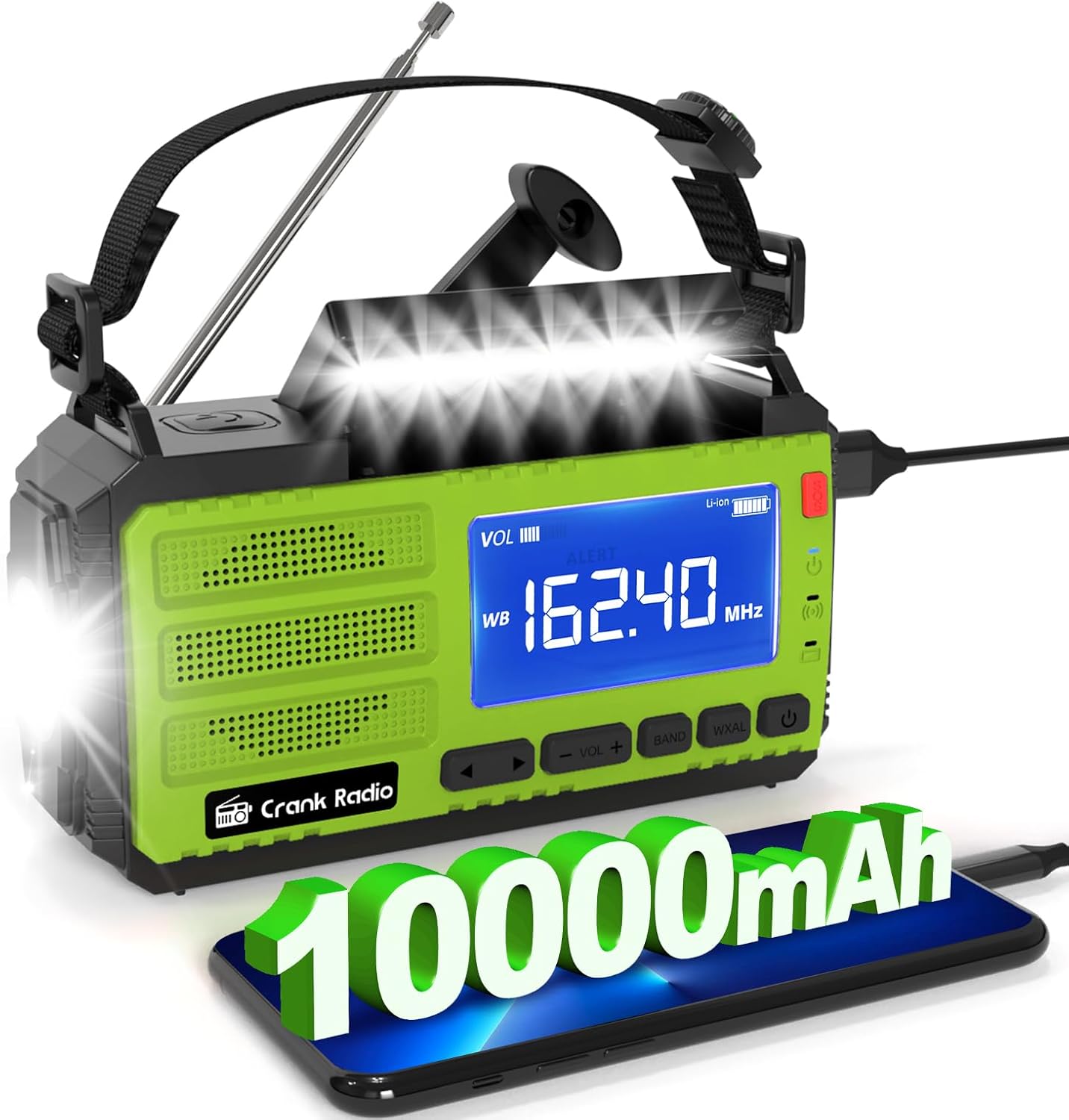 Emergency Weather Radio, Solar Hand Crank Radio AM/FM NOAA 37000mWh, Weather Alert Radio with 3 Mode Flashlight, Reading Lamp, SOS Alarm, Compass, Headphone Jack for Home Camping Emergency (Green)