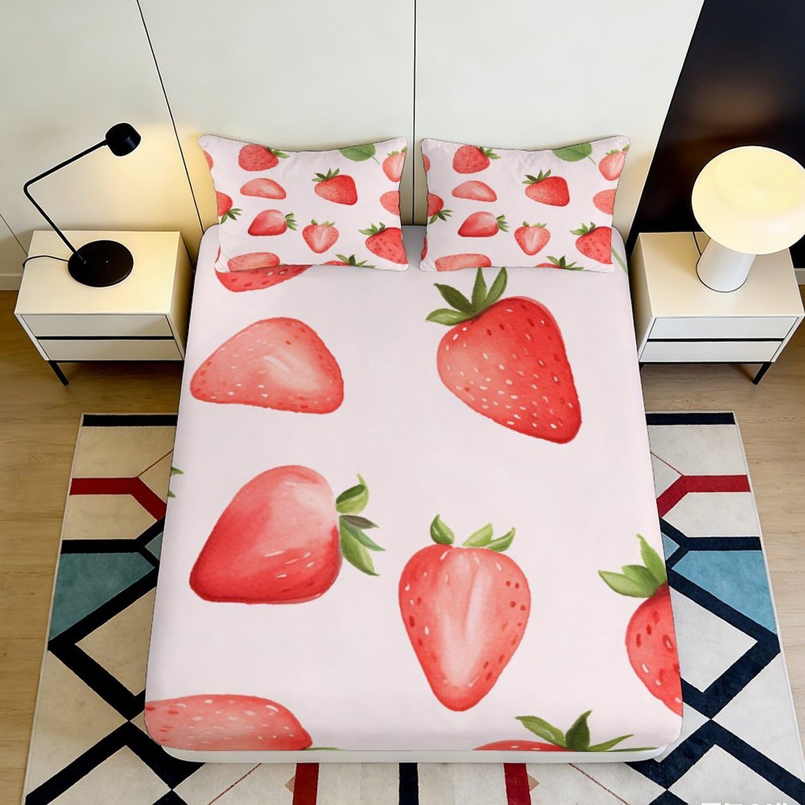 3D Printed Strawberry Pattern Fitted Sheet Microfiber Soft Pink Fruit Bed Sheet for Bedroom Guest Room Decor 90x200x25cm