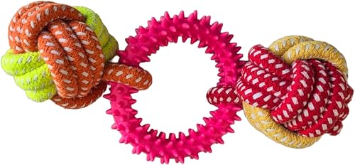 Pet Dog Rope Chew Toy with Textured Teething Ring – Interactive Tug & Chew Toy for Puppies & Small to Medium Dogs – Dental Cleaning Pet Toy (Pink)
