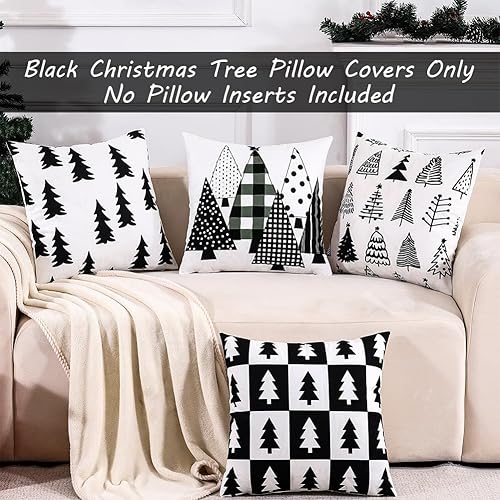 Miniatura 9 de JOJOGOGO Juego de 4 fundas de almohada de árbol de Navidad en blanco y negro de 18 x 18 pulgadas, fundas de almohada neutras para decoración de