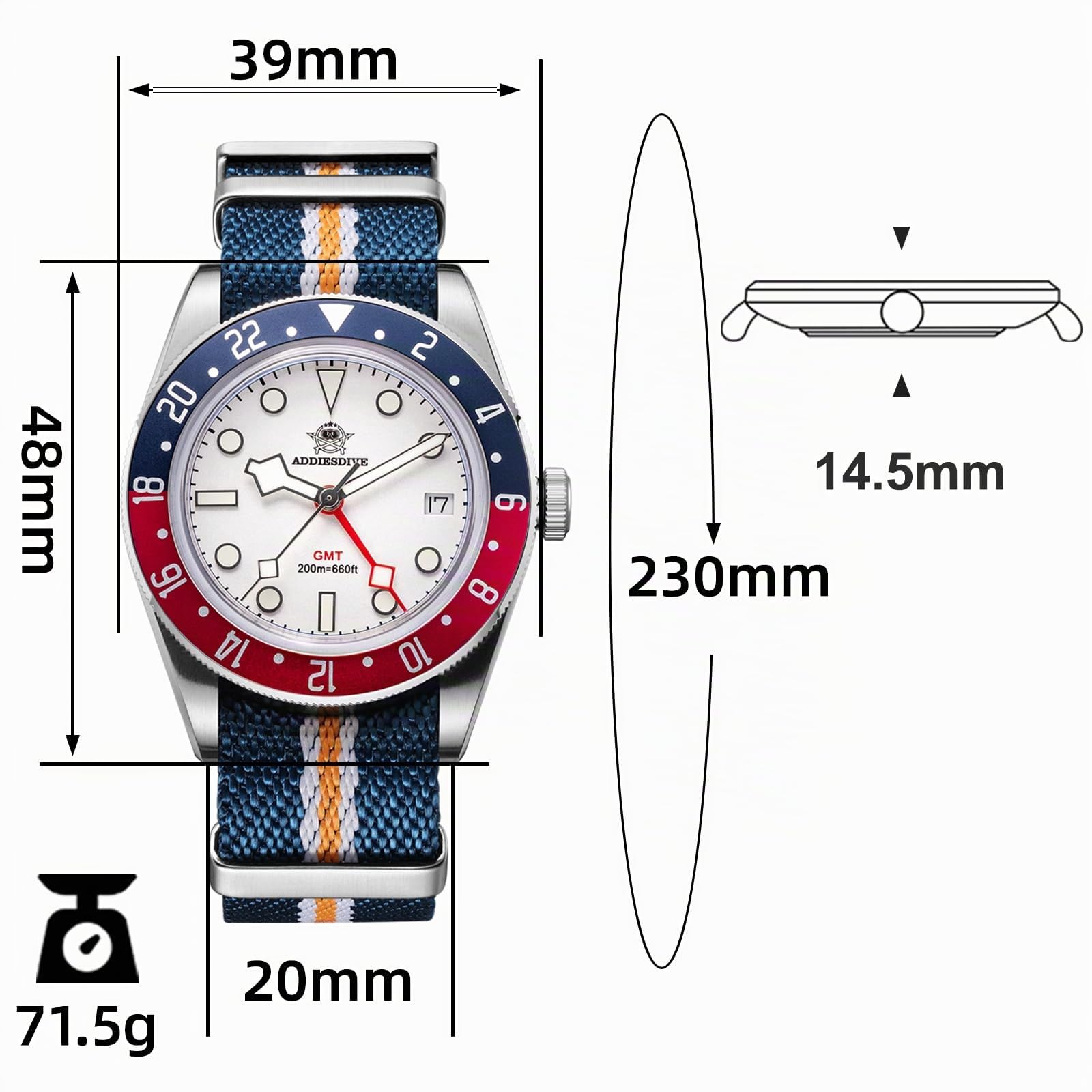 ADDIESDIVE GMT 24H - Reloj de pulsera analógico para hombre (cuarzo, acero inoxidable, 200 m, luminoso)