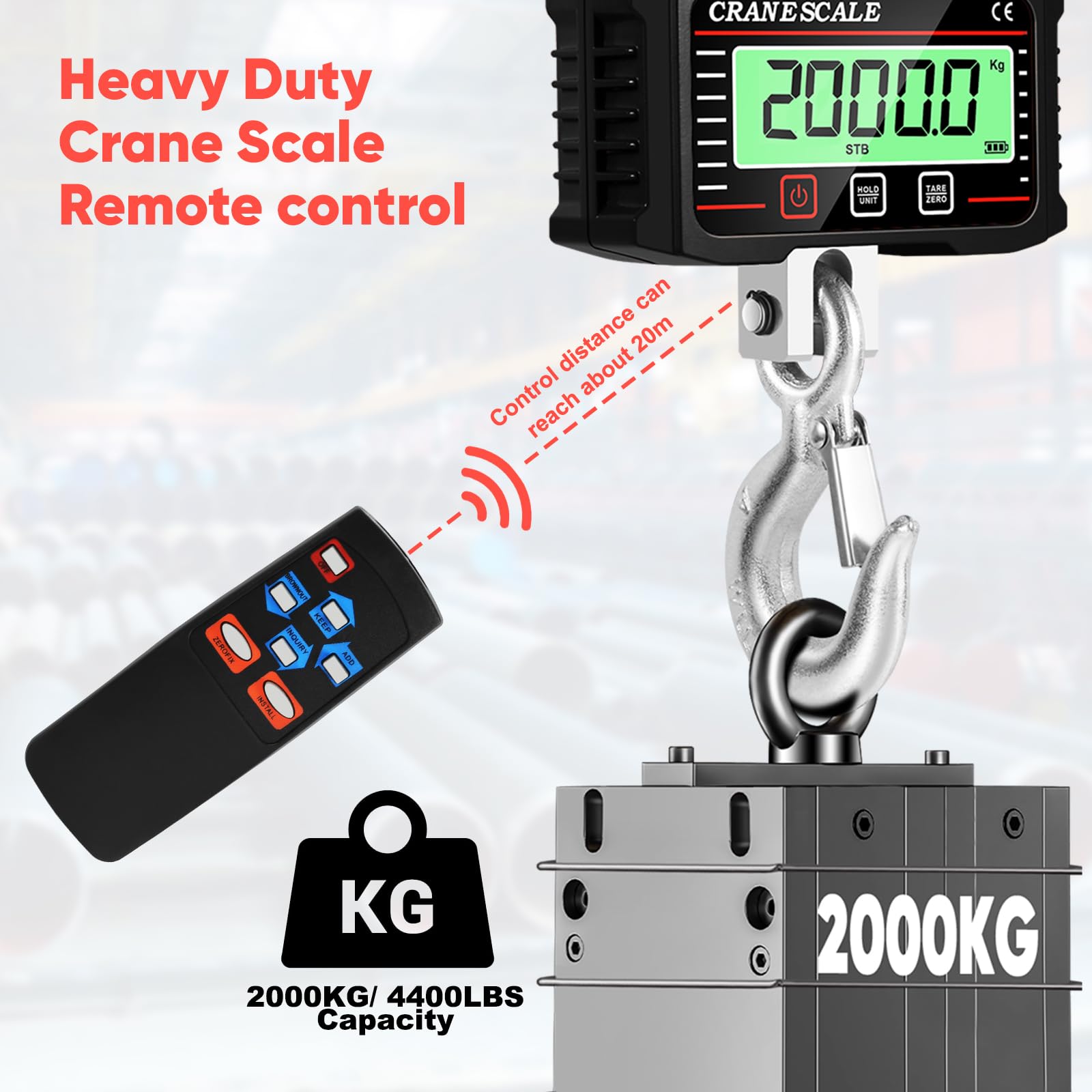 Báscula colgante 2000kg 4400lbs con Control Remoto, Báscula de grúa digital con sensor preciso y pantalla LCD, Báscula Colgante Industrial Escala Electrónica Báscula Gancho Dinamometro (Negro)