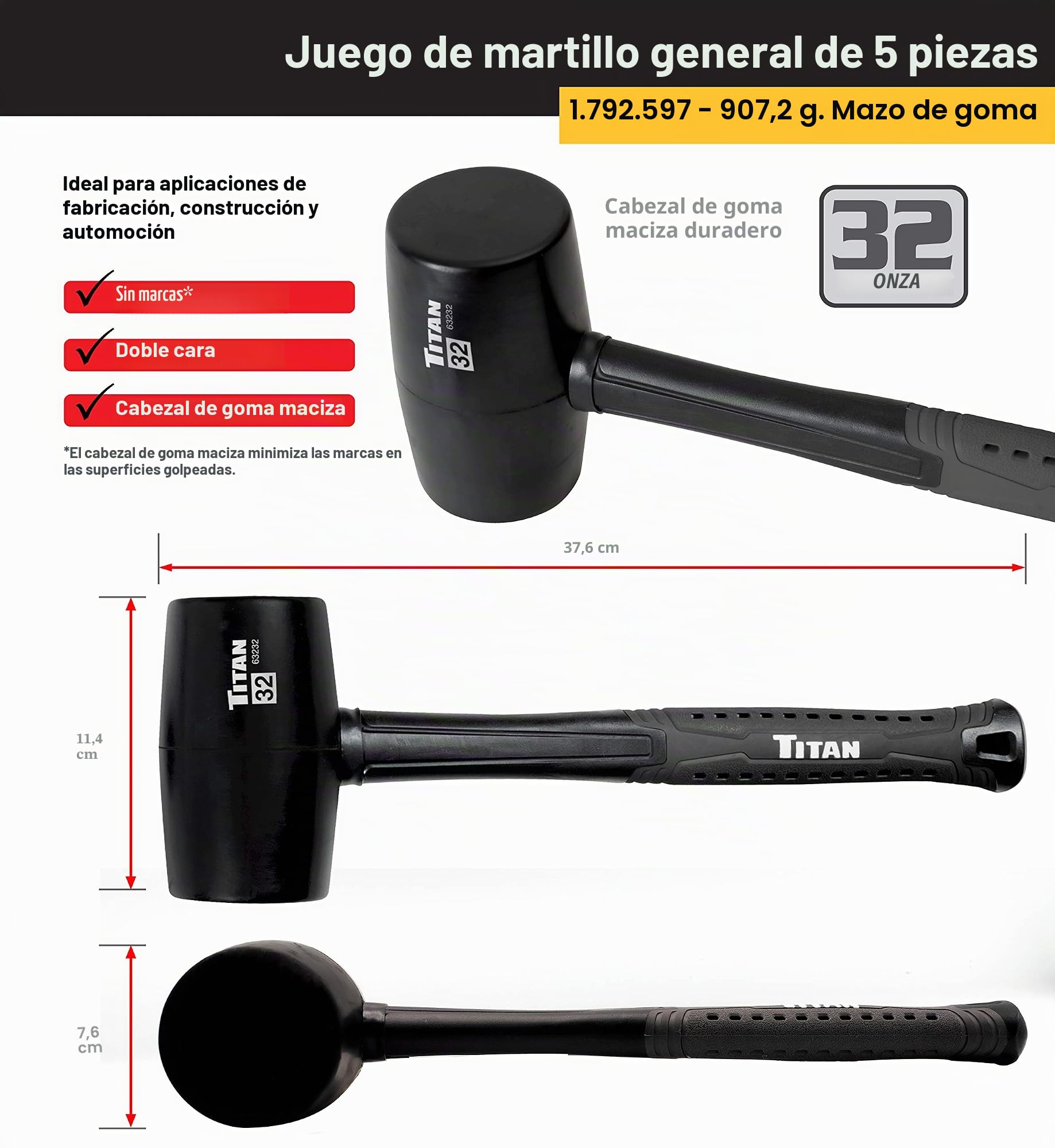 Titan 63125 - Juego de 5 martillos, martillo de bola de 453,59 g y 0,91 kg onzas, mazo de goma de 32 0,91 kg, Mazo de 1,36 kg y martillo de cabeza plana cruzada de 1,36 kg