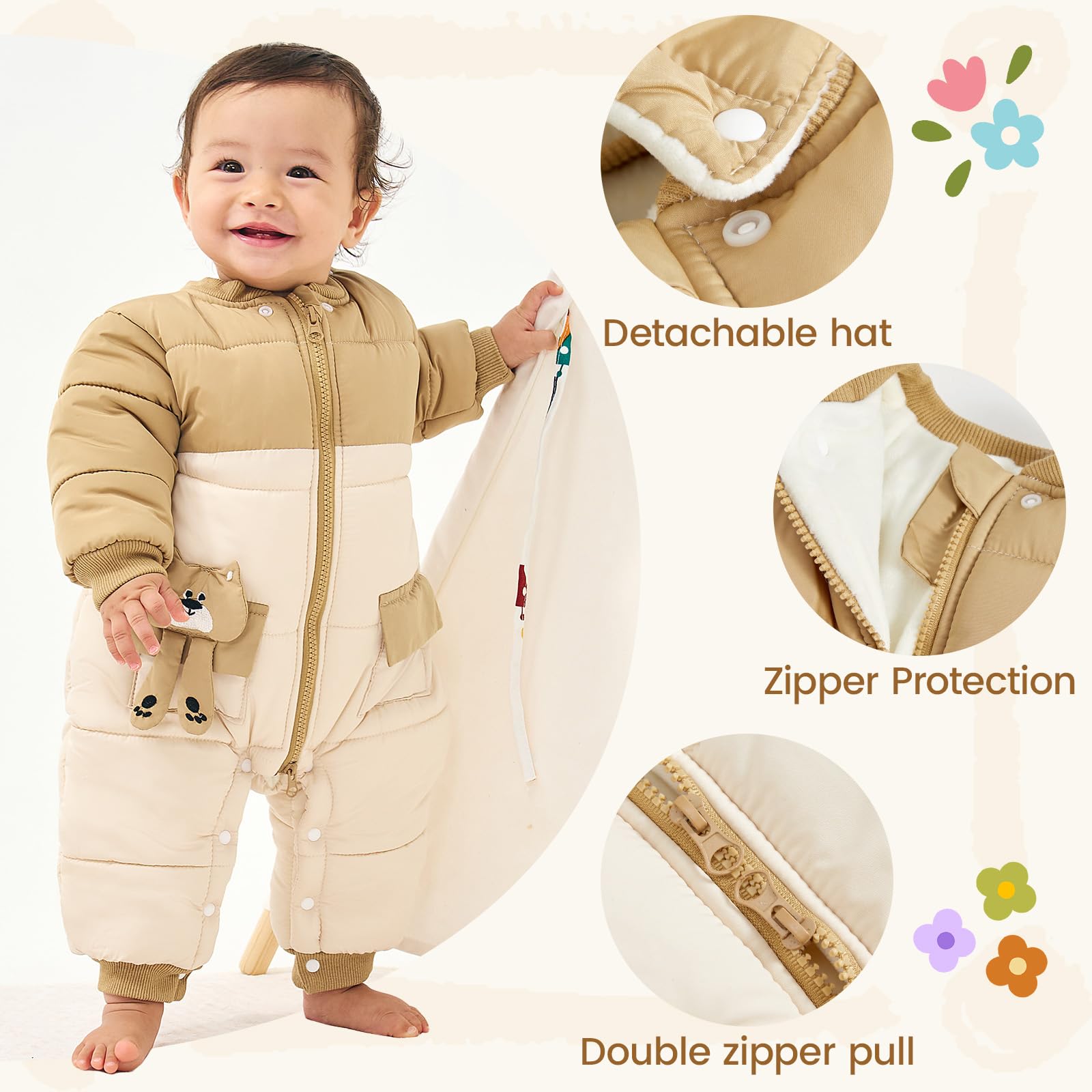 JiAmy Tuta da neve per bambini, calda tuta invernale con cappuccio, in pile spesso, a maniche lunghe, per bambini, 6-24 mesi