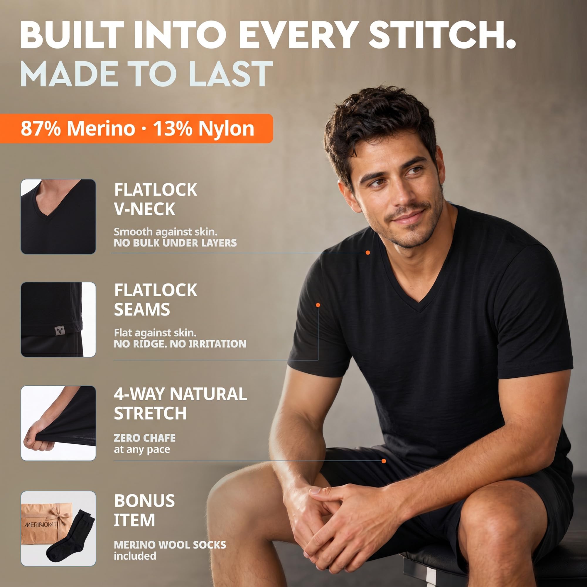 MERINNOVATION Merino T Shirt Herren Everyday Kurzärmeliges T-Shirt Funktionsshirt Atmungsaktiv und Geruchsneutral Merinowolle Base Layer + Merinowolle Socks