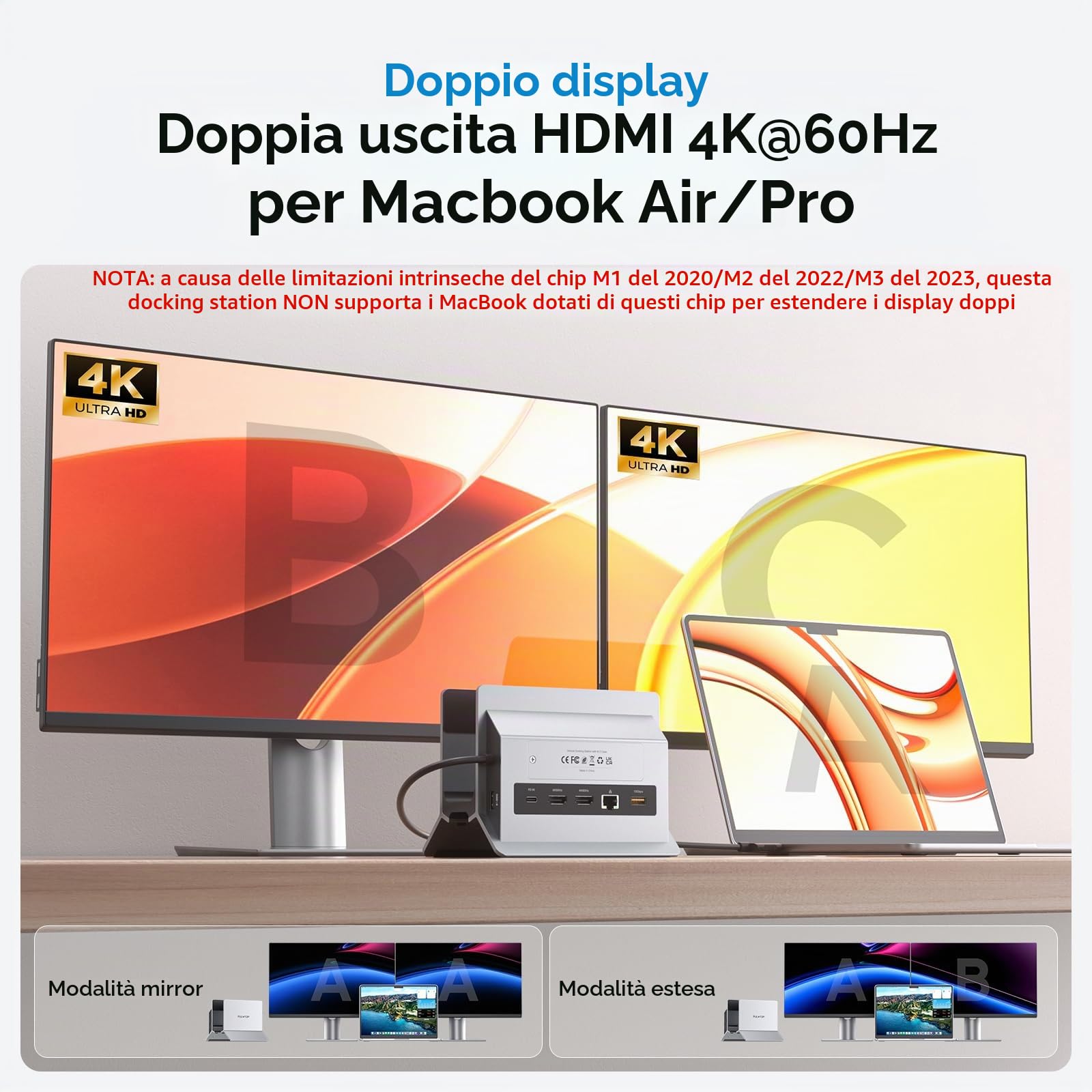 MacBook Docking Station Dual Monitor, Docking Station USB C per laptop con 2 HDMI 4K@60Hz, USB A/C 10Gbps, PD, Ethernet, M.2 SSD Case, Vertical Dock Stand SD/TF per MacBook Pro Air M3 M4 M5