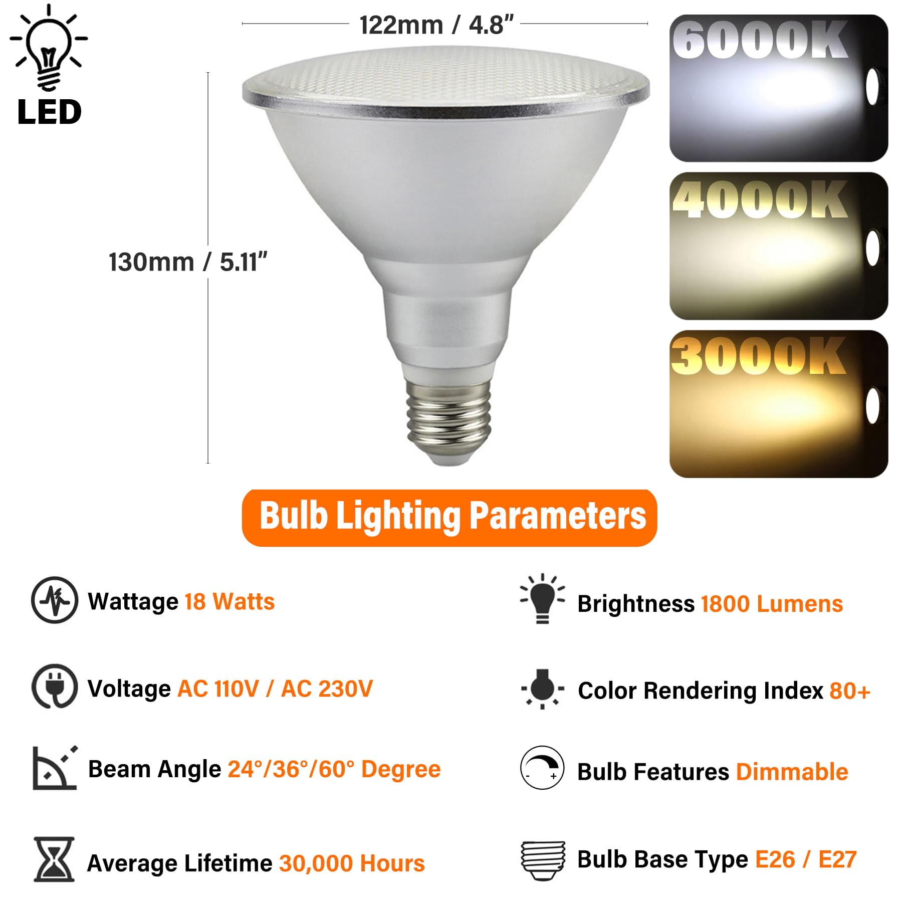 PAR38 Flutlicht-LED-Leuchtmittel, 18 Watt, dimmbare Glühbirne (150 Watt Äquivalent), 1800 Lumen Strahler, AC 220 V–240 V, E27-Sockel, 10%–100% Helligkeitseinstellung (8 Stück)
