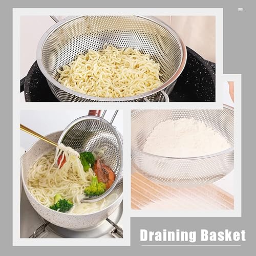 Miniatura 3 de BESTonZON Colador de acero inoxidable con mango largo - Cesta coladora de alimentos para pasta, espagueti, bayas, verduras, frutas, cocina, cesta de
