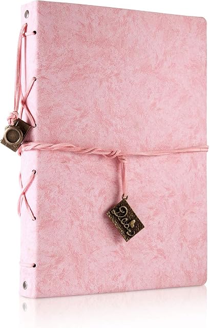 THXMADAM Vintage Notebook A5 Pink Leather Cover Writing Notebook Loose Leaf Travel Journal Diary Refillable Sketchbook with 200 Kraft Pages/100 Sheets and 1 PVC Zipper Pocket Gift for Girl Woman