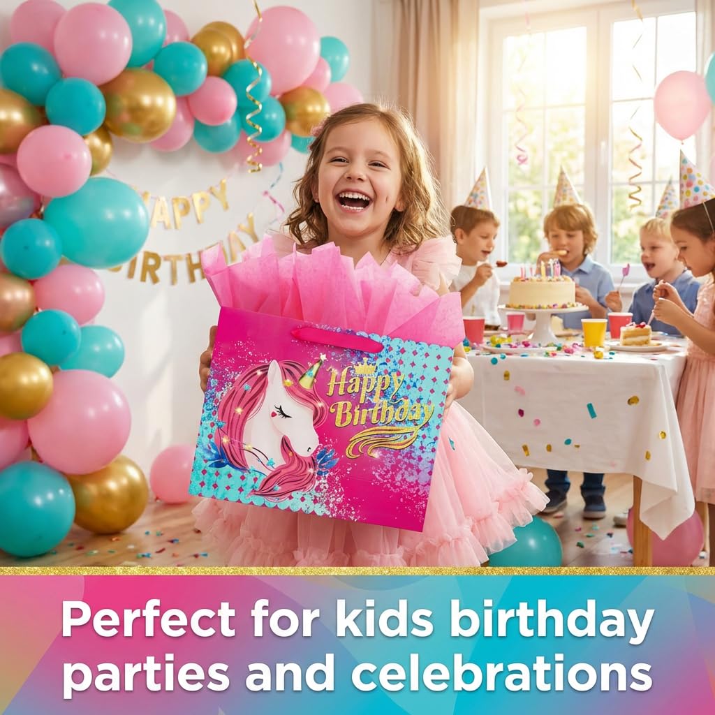 BeiLaad Unicorn Happy Birthday Gift Bag with Greeting Card and Tissue Paper, Birthday Gift Bags for Kids Girls Medium