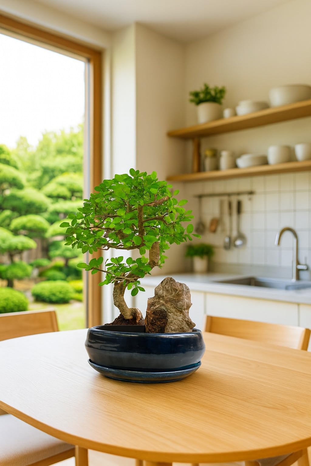 Genki-Bonsai Chinesische Ulme Bonsai  ca. 9 Jahre alt, 3540 cm   Bonsaiarrangement an Felsen in Keramikschale mit Untersetzer,  pflegeleichter Indoor-Bonsai : Amazon.de: Garten