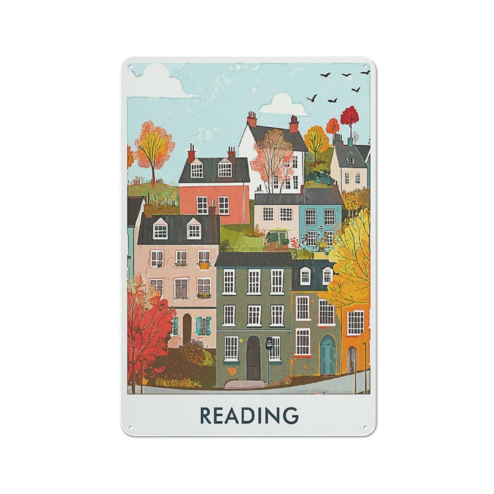 Junmoney Style-10 Reading Town Illustration Vintage Metal Plaque 30X20cm For Hobby Room Or Studio, Suited To Hobby Room Decor Fans