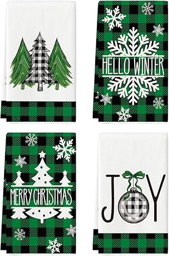 Artoid Mode Juego de 4 toallas de cocina de Navidad con diseño de copos de nieve de búfalo verde, 18 x 26 pulgadas, decoración diaria de invierno