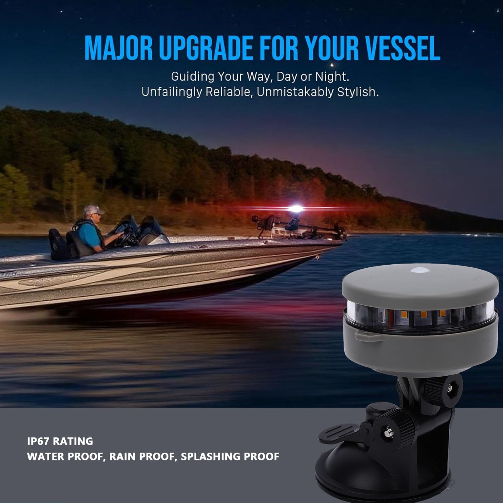 CCYLEZ Luz de Navegación para Barcos, Luz de Ancla LED con Visibilidad de 2 NM e IP67 para Embarcaciones Pequeñas, Ventosa Giratoria de 180 Grados, Alimentada por 3 Pilas AAA