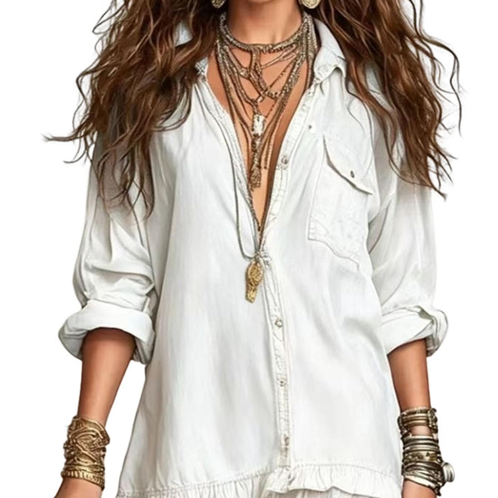 Robe chemise en faux denim pour femme, robe longue à manches longues en maille patchwork, robe longue décontractée boutonnée à volants pour un usage quotidien d'été