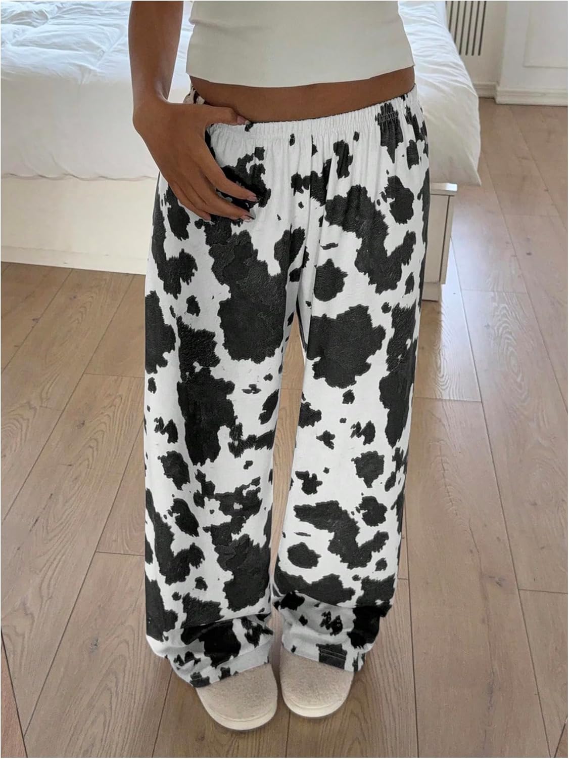 Women's High Waisted Wide Leg Pants Casual Cow Graphic Baggy Pajama Pants Trousers - Image 3