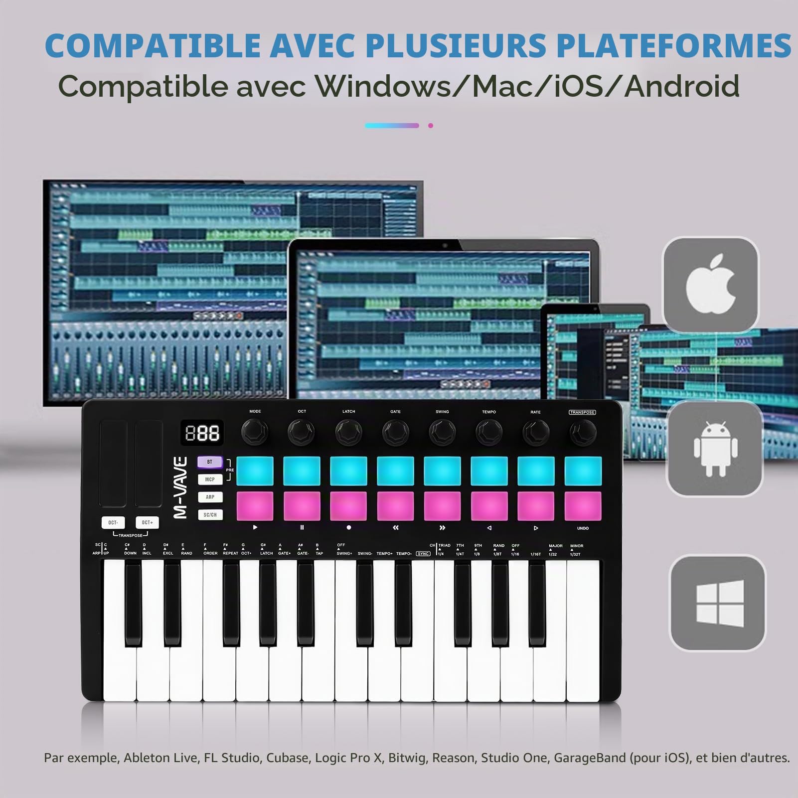 M-VAVE Clavier MIDI USB Portable, Midi Keyboard, Clavier MIDI amélioré, Clavier Arranger Portable Rechargeable Clavier RGB Pad Clavier SMK-25II Noir et Blanc Batterie Intégrée