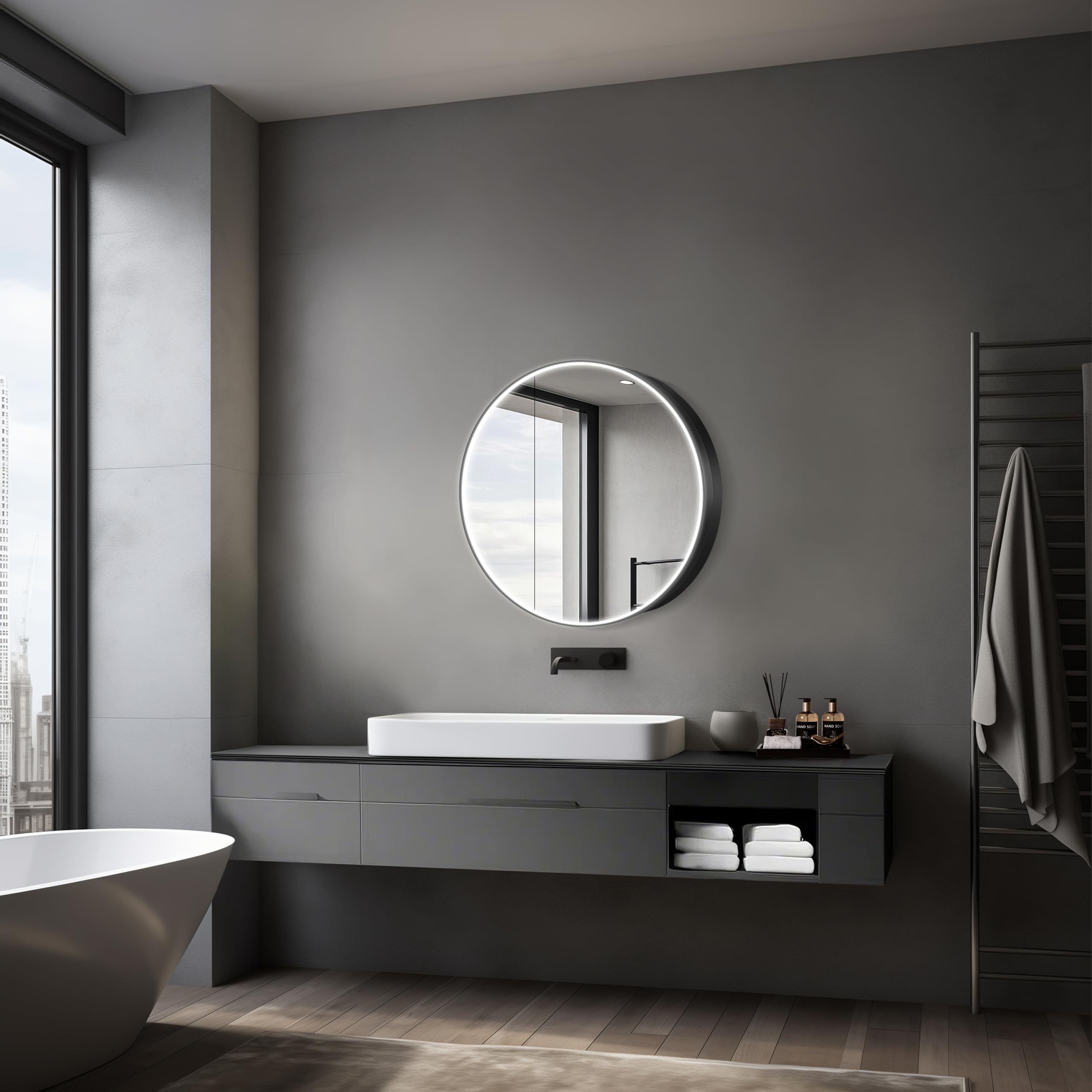 Talos Black Nova Illuminated Bathroom Cabinet with Mirror and 2 Shelves Diameter 60 cm Black Aluminium Mirror Base