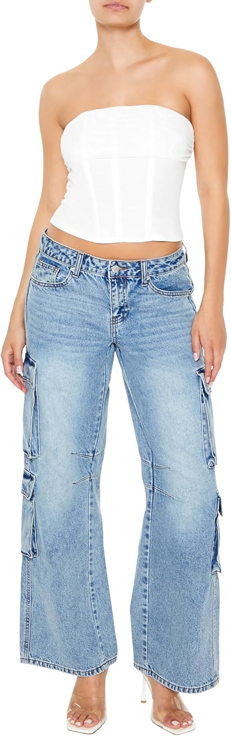 Forever 21 Womens Low-Rise Wide-Leg Cargo Jeans