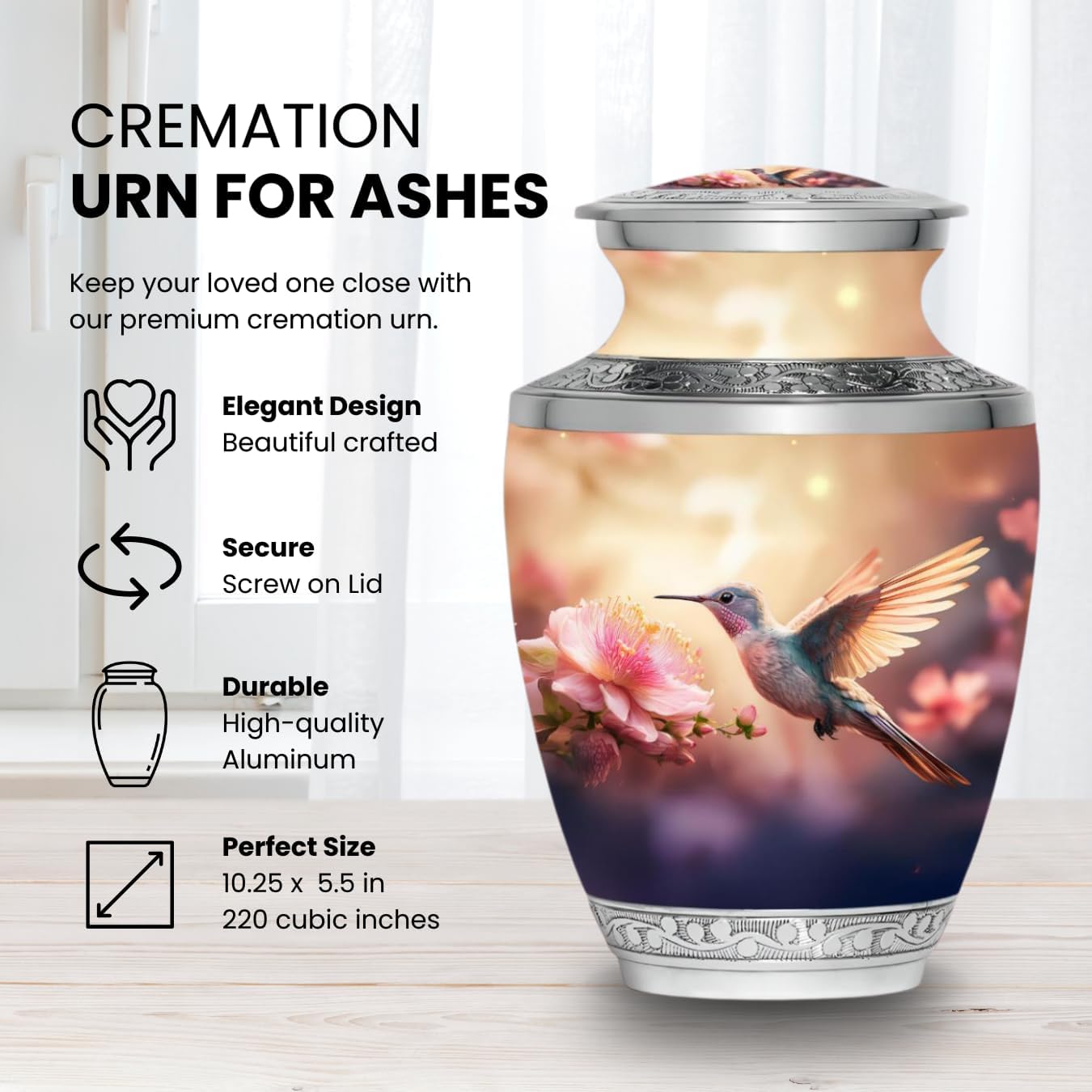 Cremation Urn for Ashes - Hummingbird - Adult Cremation, Burial Urns, Funeral Urns, Decorative Urns for Female - Handcrafted Urn for Ashes for Women (Pink, Adult - Standard)