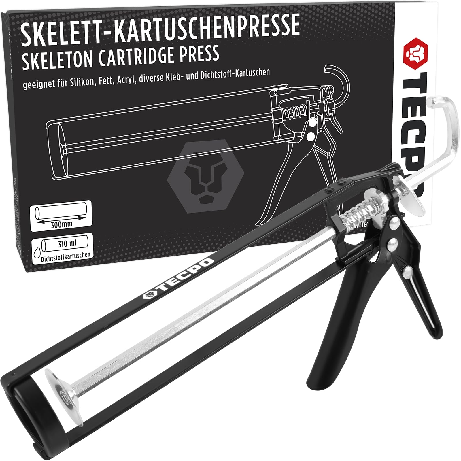 TECPO Klebe- und Dichtmasse, 10x 370g schwarz Karosseriekleber mit Skelett Kartuschenpresse